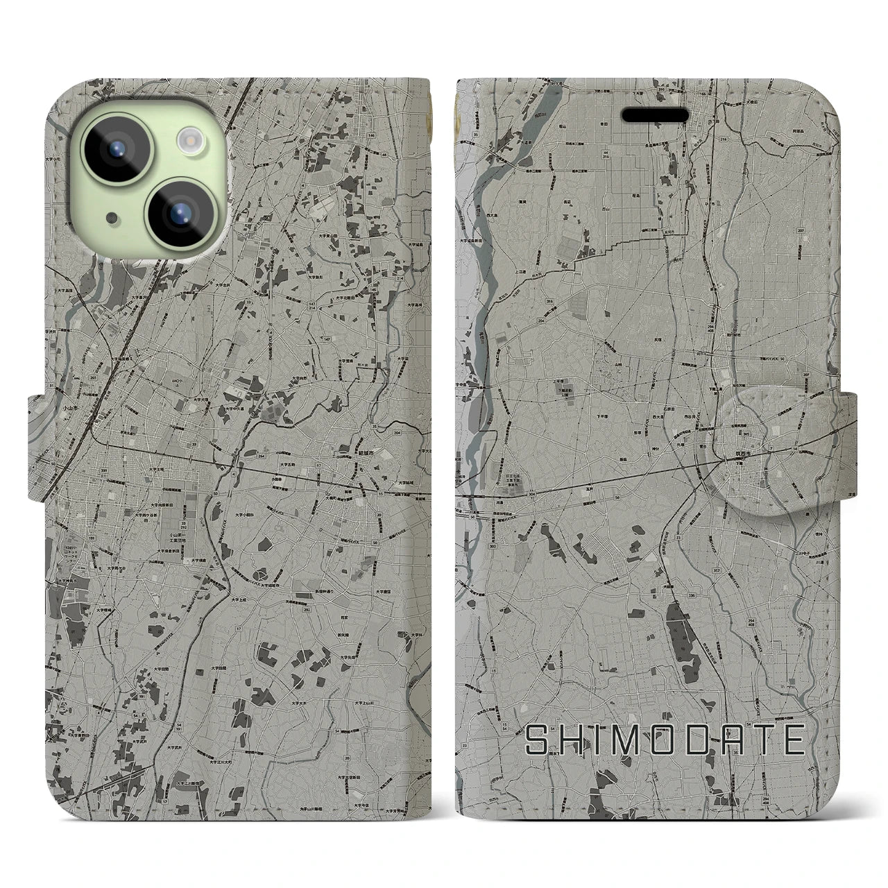 【下館(茨城県)】地図柄iPhoneケース(手帳タイプ)モノトーン・iPhone 15 用