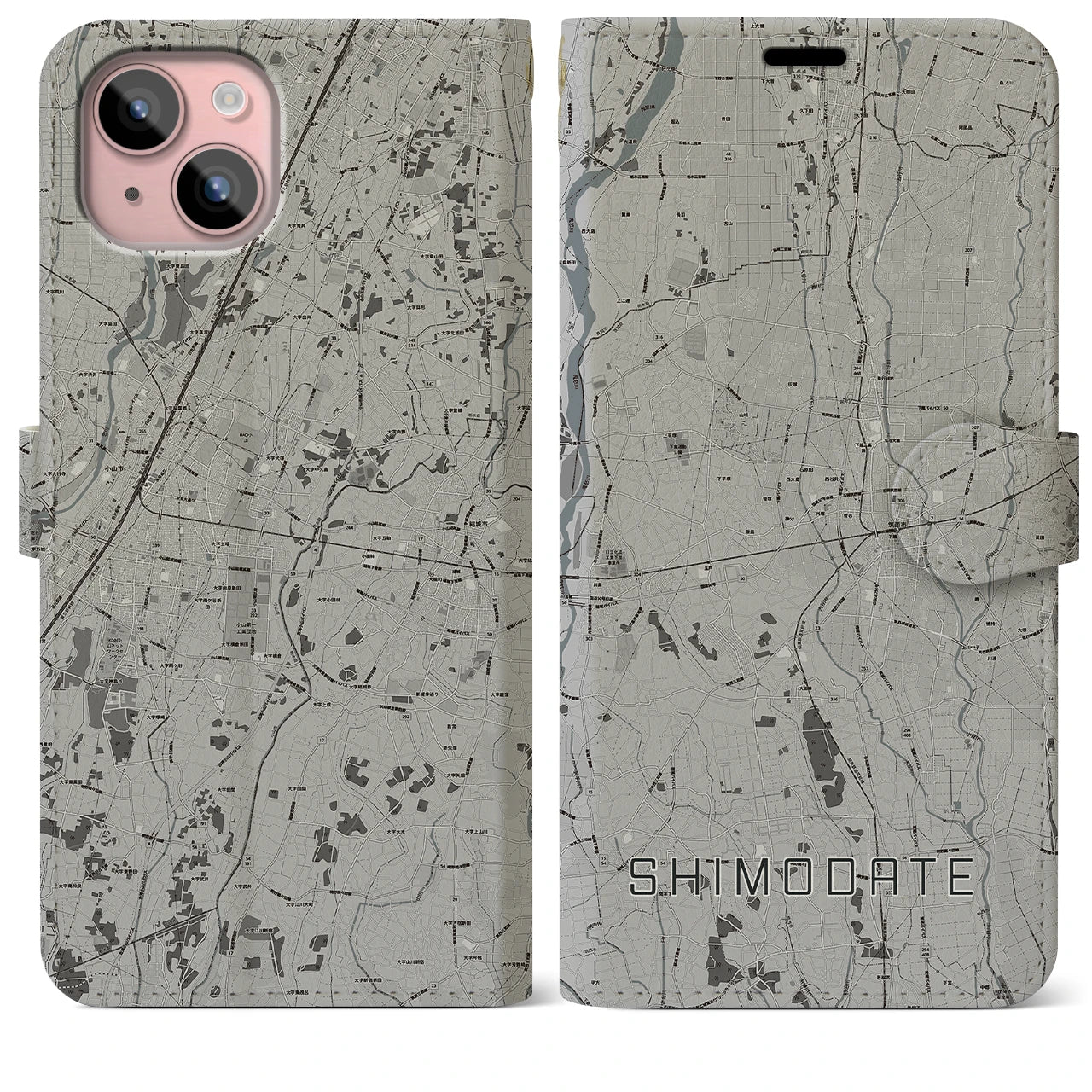 【下館(茨城県)】地図柄iPhoneケース(手帳タイプ)モノトーン・iPhone 15 Plus 用