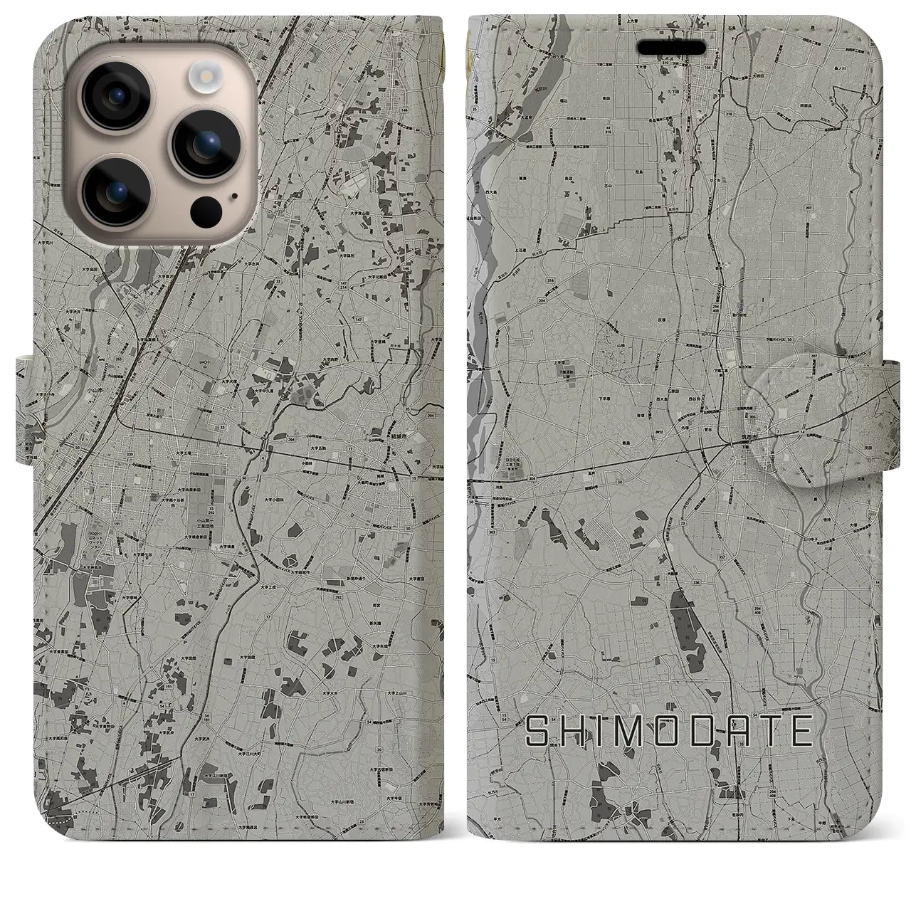 【下館(茨城県)】地図柄iPhoneケース(手帳タイプ)モノトーン・iPhone 16 Plus 用