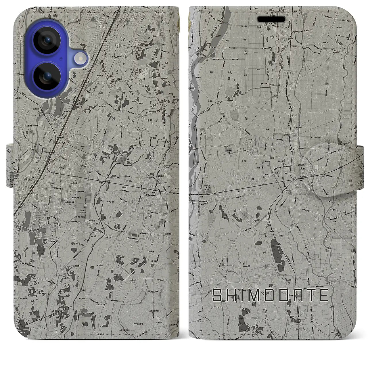 【下館(茨城県)】地図柄iPhoneケース(手帳タイプ)モノトーン・iPhone 16 Pro Max 用