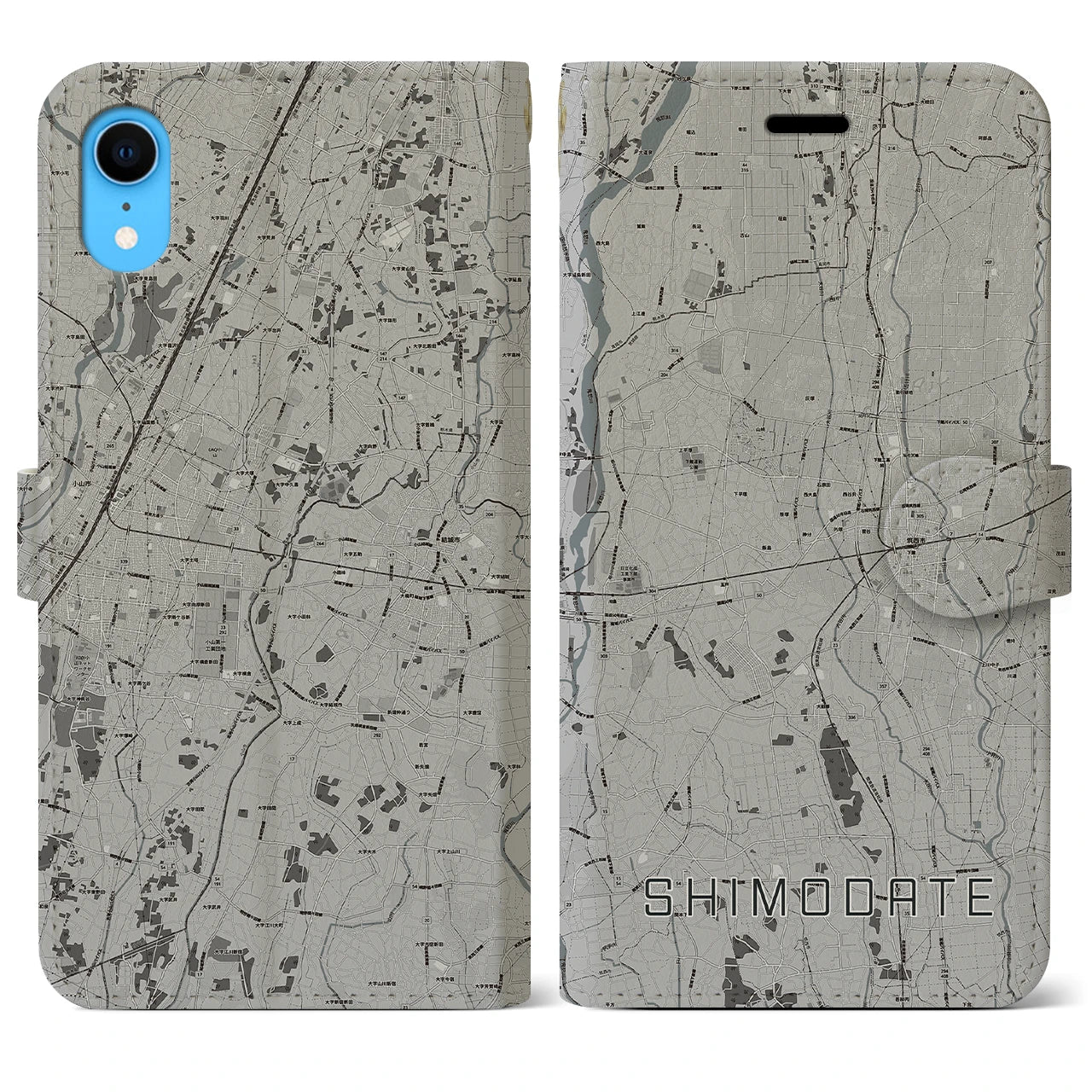 【下館(茨城県)】地図柄iPhoneケース(手帳タイプ)モノトーン・iPhone XR 用
