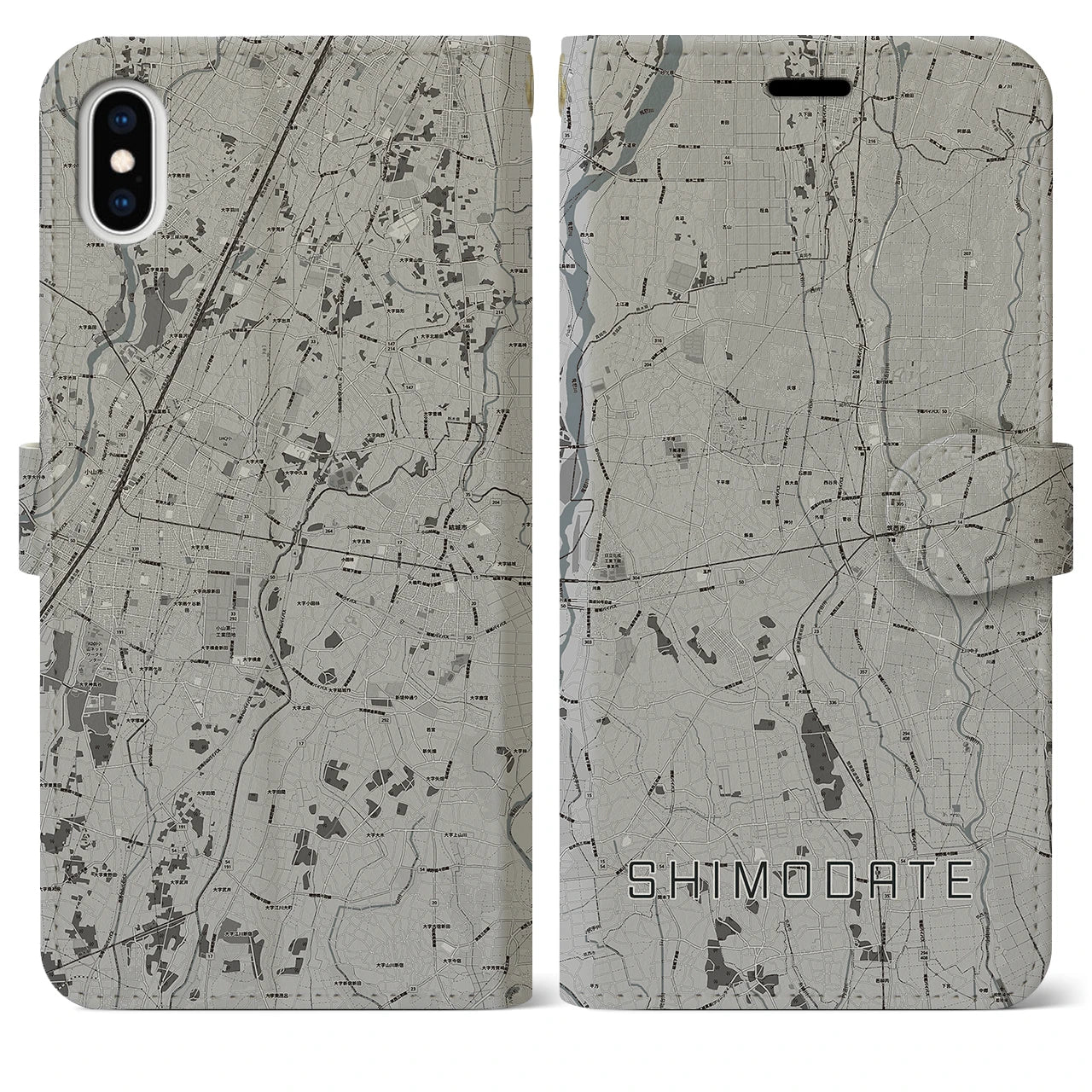 【下館(茨城県)】地図柄iPhoneケース(手帳タイプ)モノトーン・iPhone XS Max 用