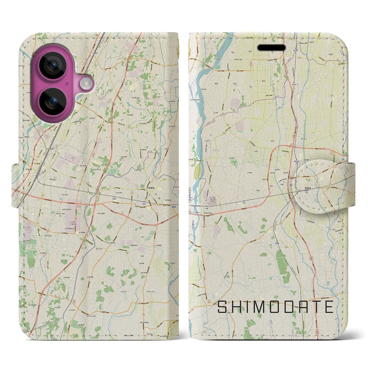 【下館(茨城県)】地図柄iPhoneケース(手帳タイプ)ナチュラル・iPhone 16 Pro 用