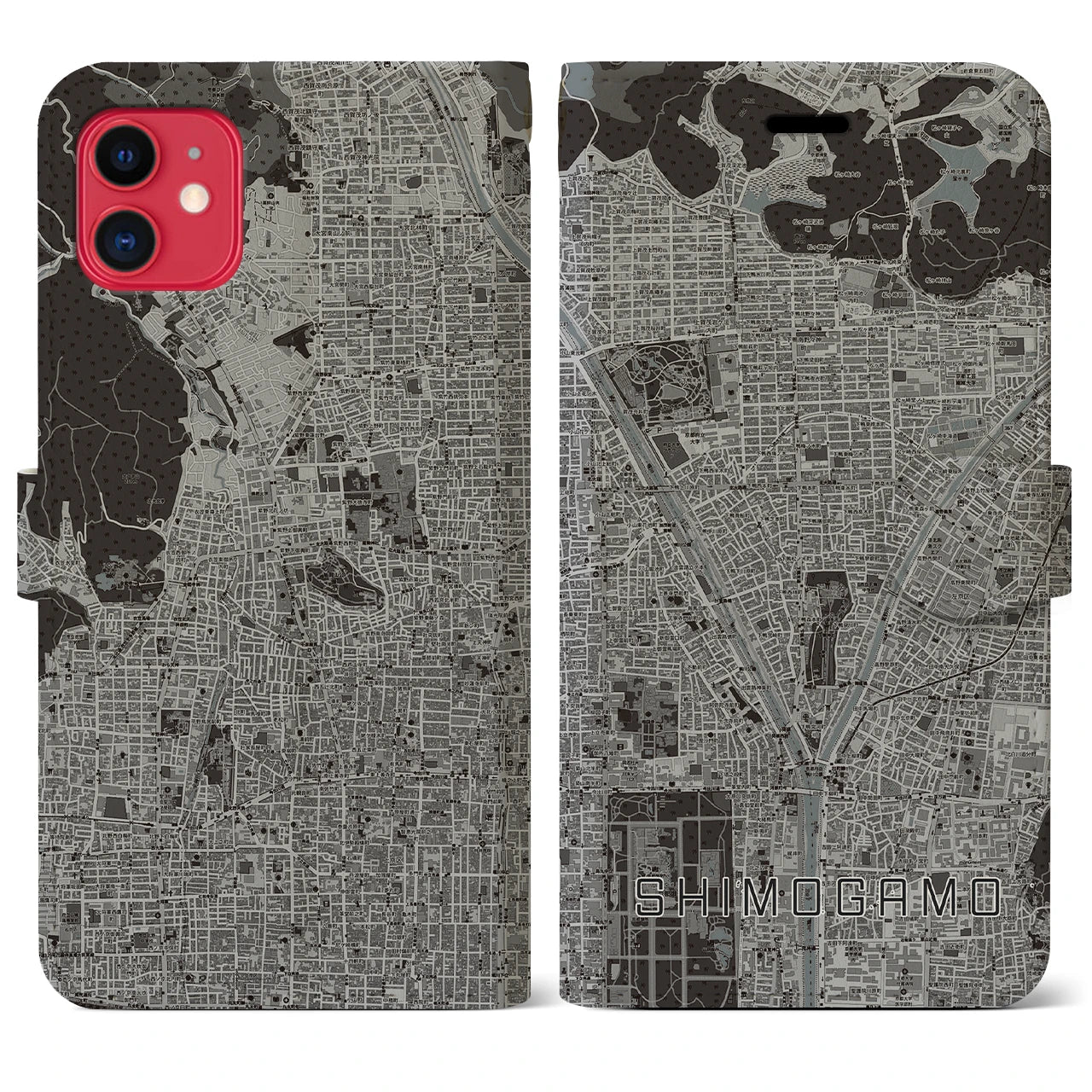 【下鴨(京都府)】地図柄iPhoneケース(手帳タイプ)モノトーン・iPhone 11 用