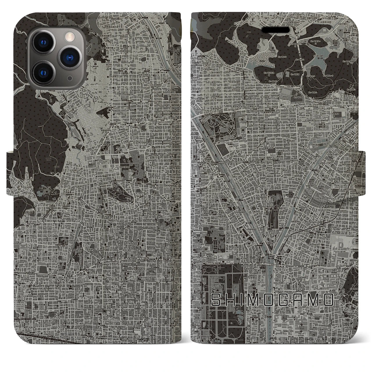 【下鴨(京都府)】地図柄iPhoneケース(手帳タイプ)モノトーン・iPhone 11 Pro Max 用