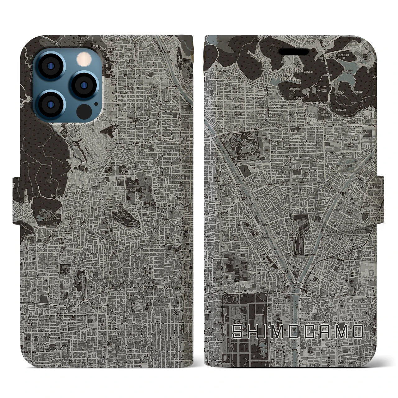 【下鴨(京都府)】地図柄iPhoneケース(手帳タイプ)モノトーン・iPhone 12 / 12 Pro 用