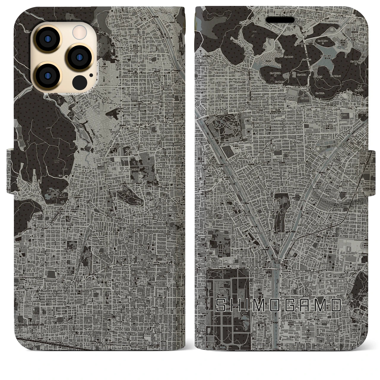 【下鴨(京都府)】地図柄iPhoneケース(手帳タイプ)モノトーン・iPhone 12 Pro Max 用