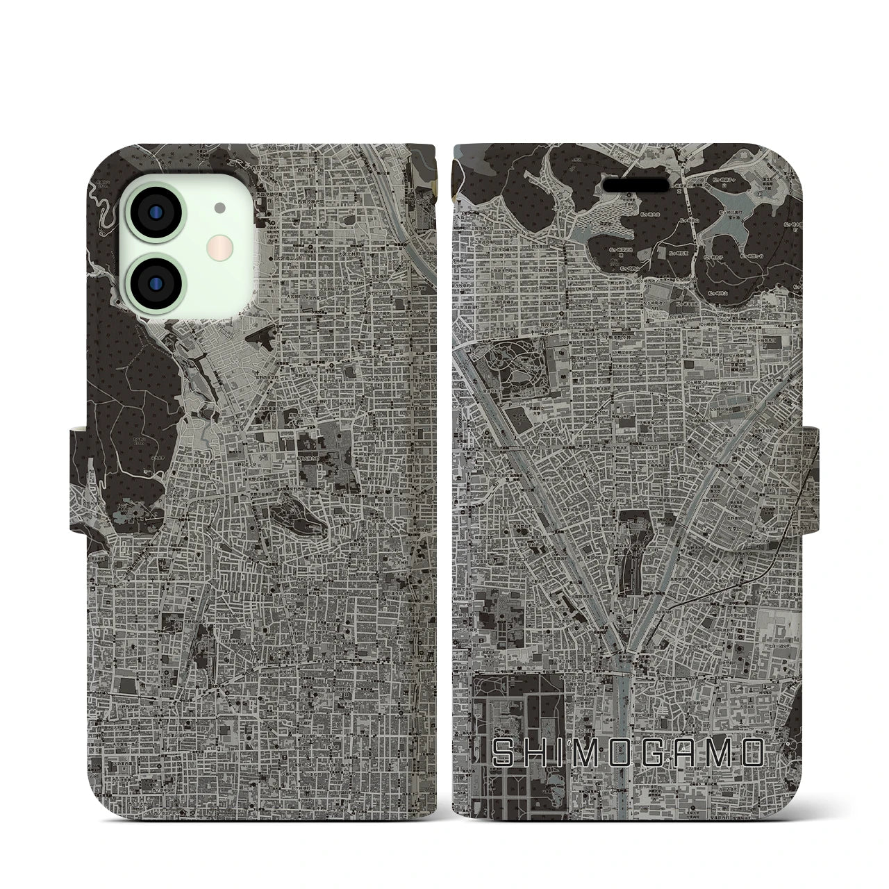 【下鴨(京都府)】地図柄iPhoneケース(手帳タイプ)モノトーン・iPhone 12 mini 用