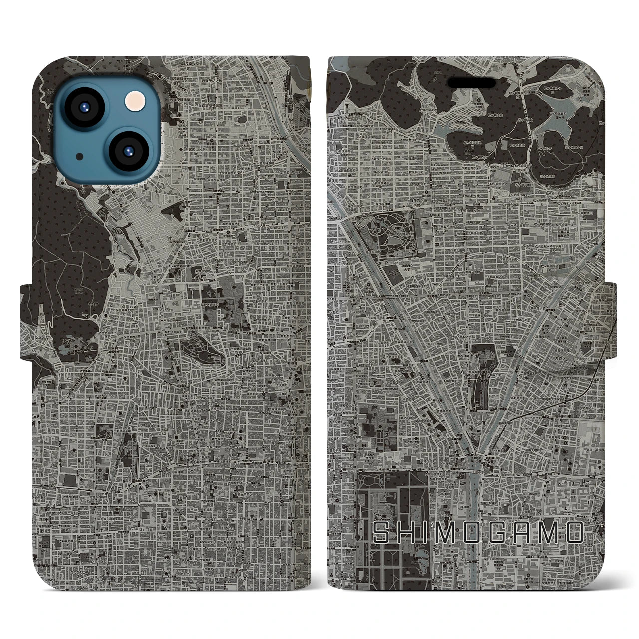 【下鴨(京都府)】地図柄iPhoneケース(手帳タイプ)モノトーン・iPhone 13 用