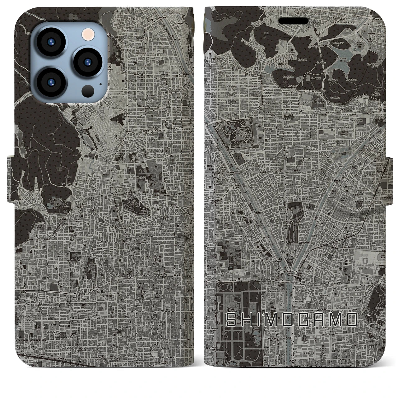 【下鴨(京都府)】地図柄iPhoneケース(手帳タイプ)モノトーン・iPhone 13 Pro Max 用