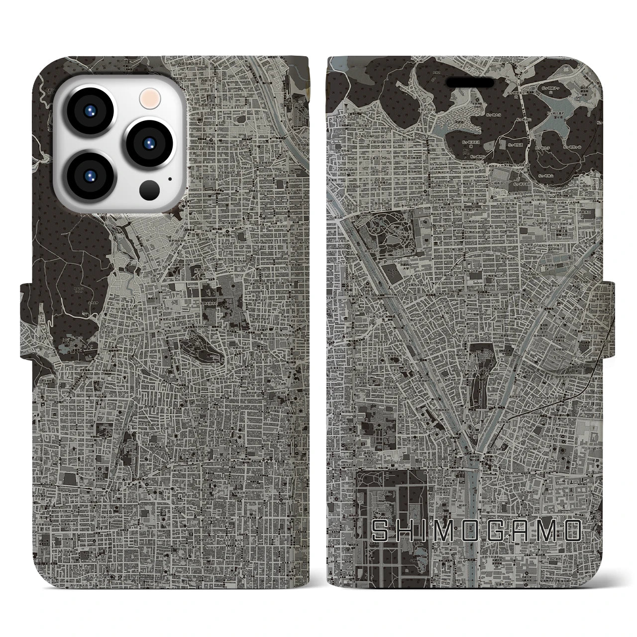 【下鴨(京都府)】地図柄iPhoneケース(手帳タイプ)モノトーン・iPhone 13 Pro 用