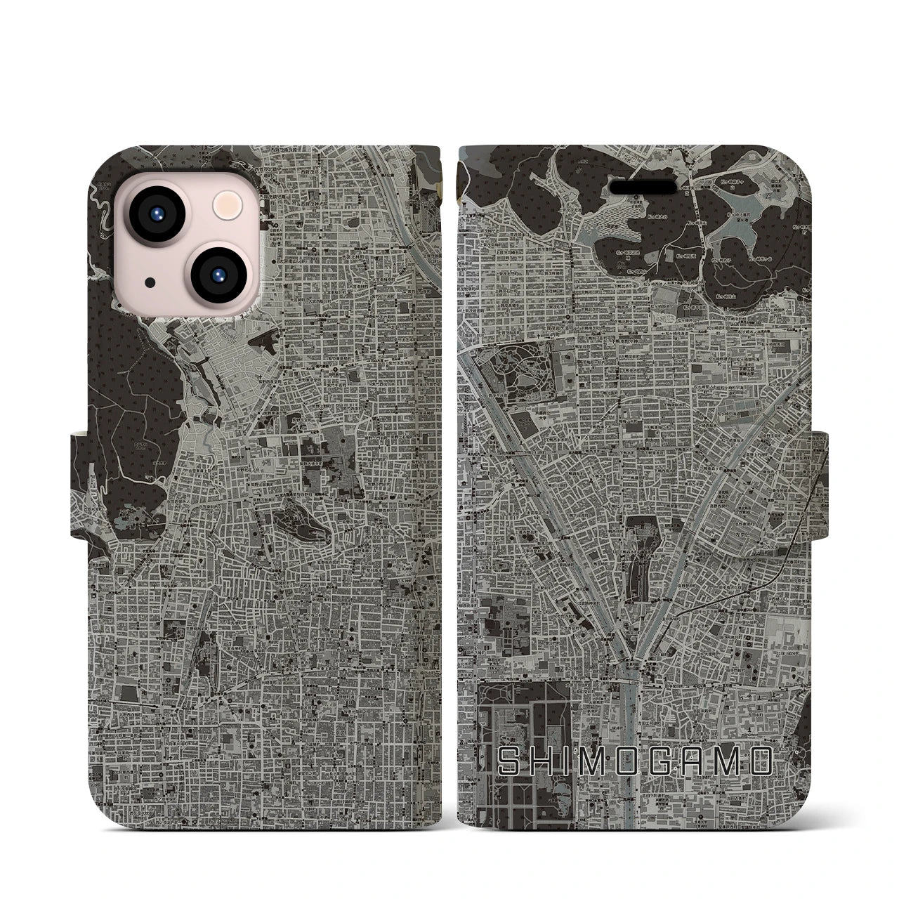 【下鴨(京都府)】地図柄iPhoneケース(手帳タイプ)モノトーン・iPhone 13 mini 用