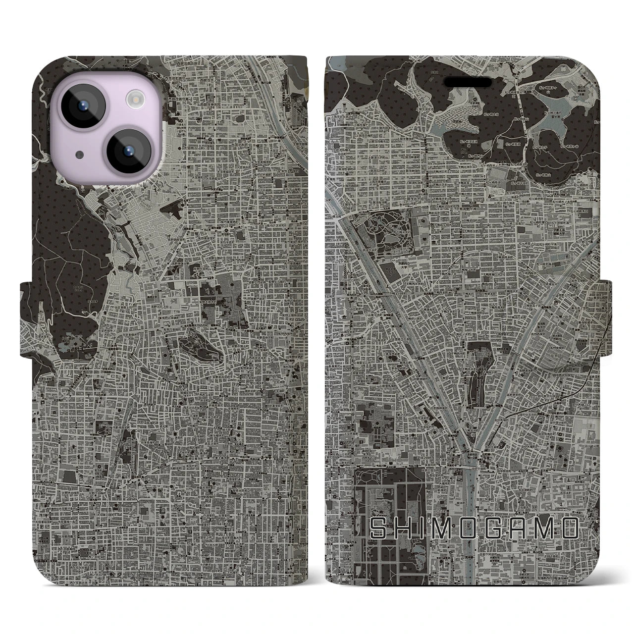 【下鴨(京都府)】地図柄iPhoneケース(手帳タイプ)モノトーン・iPhone 14 用