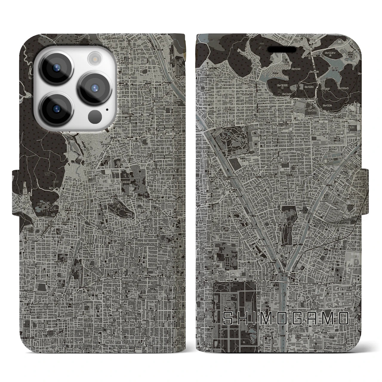 【下鴨(京都府)】地図柄iPhoneケース(手帳タイプ)モノトーン・iPhone 14 Pro 用