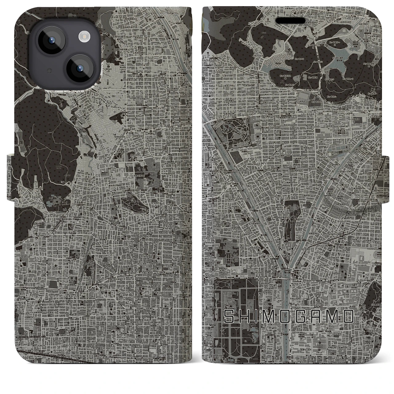 【下鴨(京都府)】地図柄iPhoneケース(手帳タイプ)モノトーン・iPhone 14 Plus 用