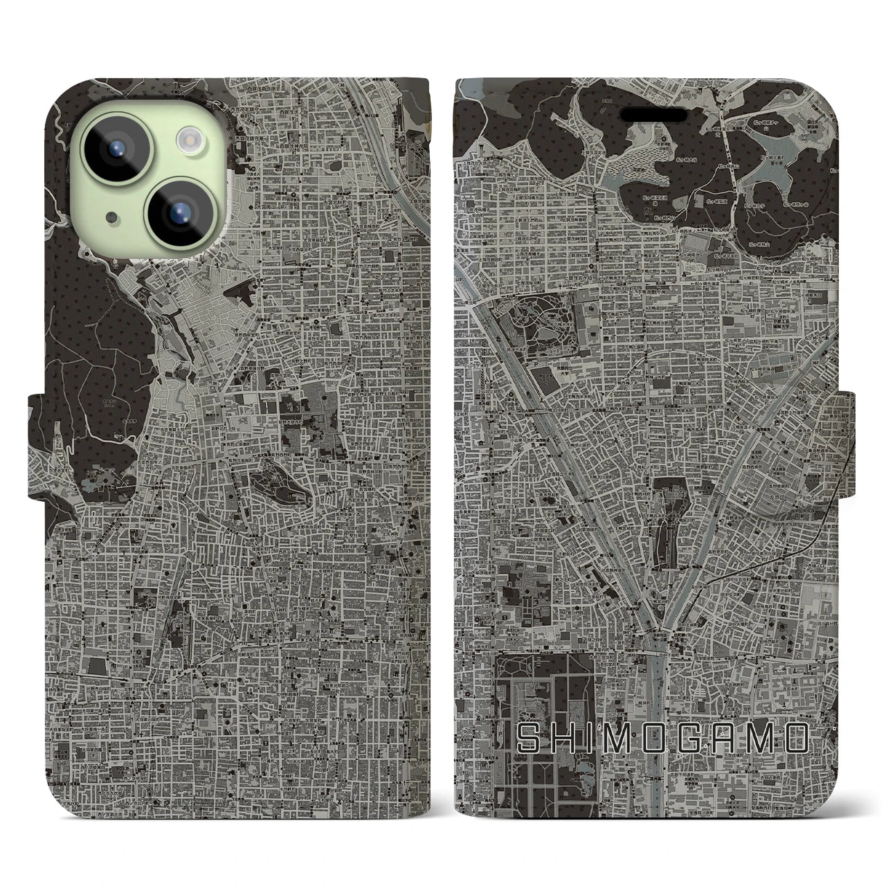 【下鴨(京都府)】地図柄iPhoneケース(手帳タイプ)モノトーン・iPhone 15 用