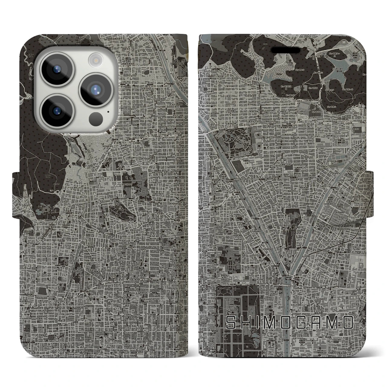 【下鴨(京都府)】地図柄iPhoneケース(手帳タイプ)モノトーン・iPhone 15 Pro 用