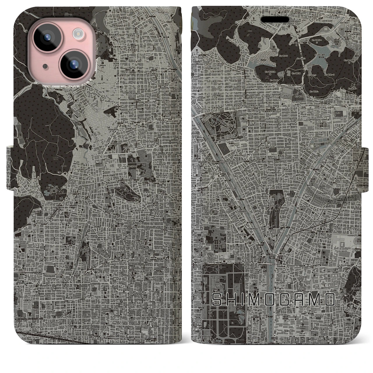 【下鴨(京都府)】地図柄iPhoneケース(手帳タイプ)モノトーン・iPhone 15 Plus 用