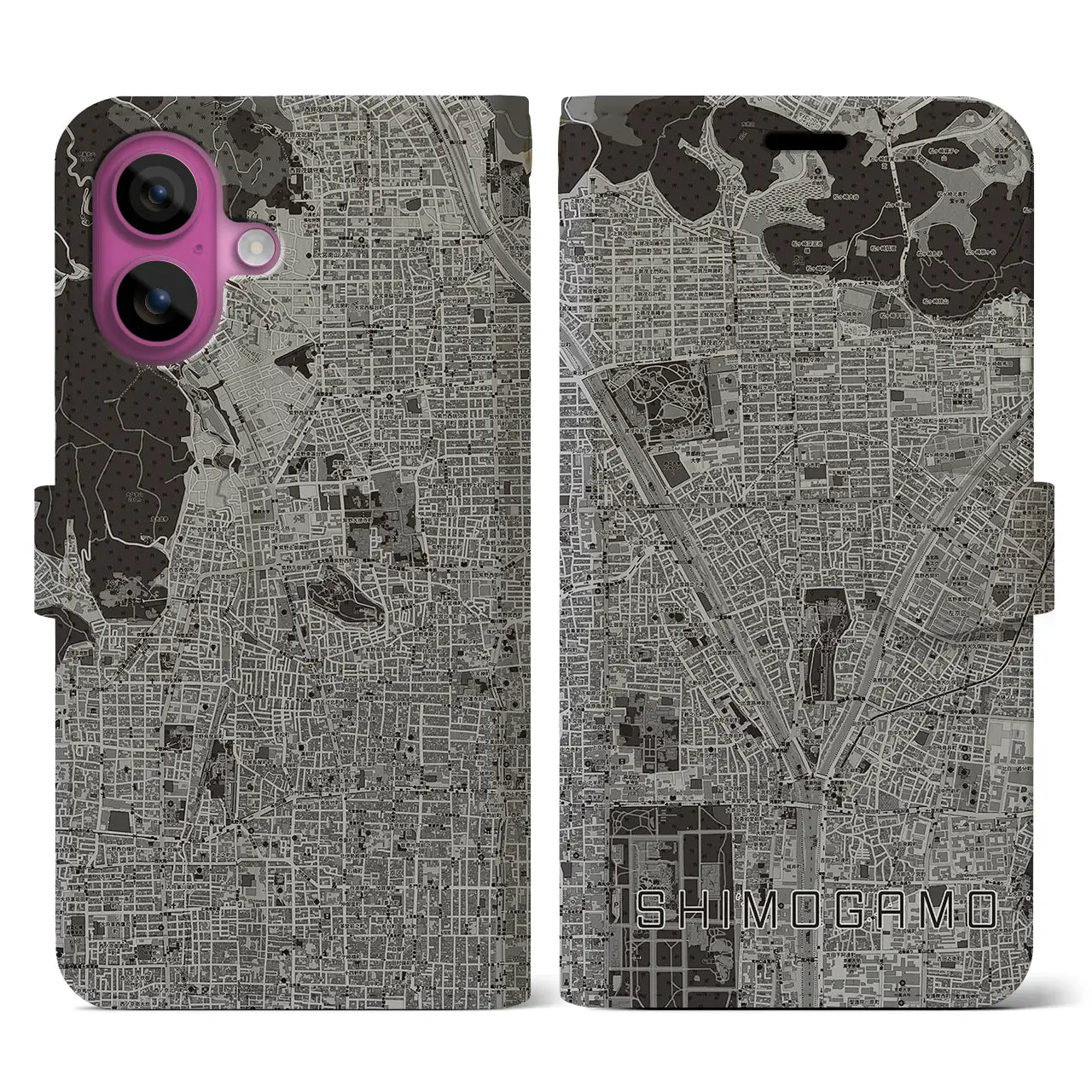 【下鴨(京都府)】地図柄iPhoneケース(手帳タイプ)モノトーン・iPhone 16 Pro 用