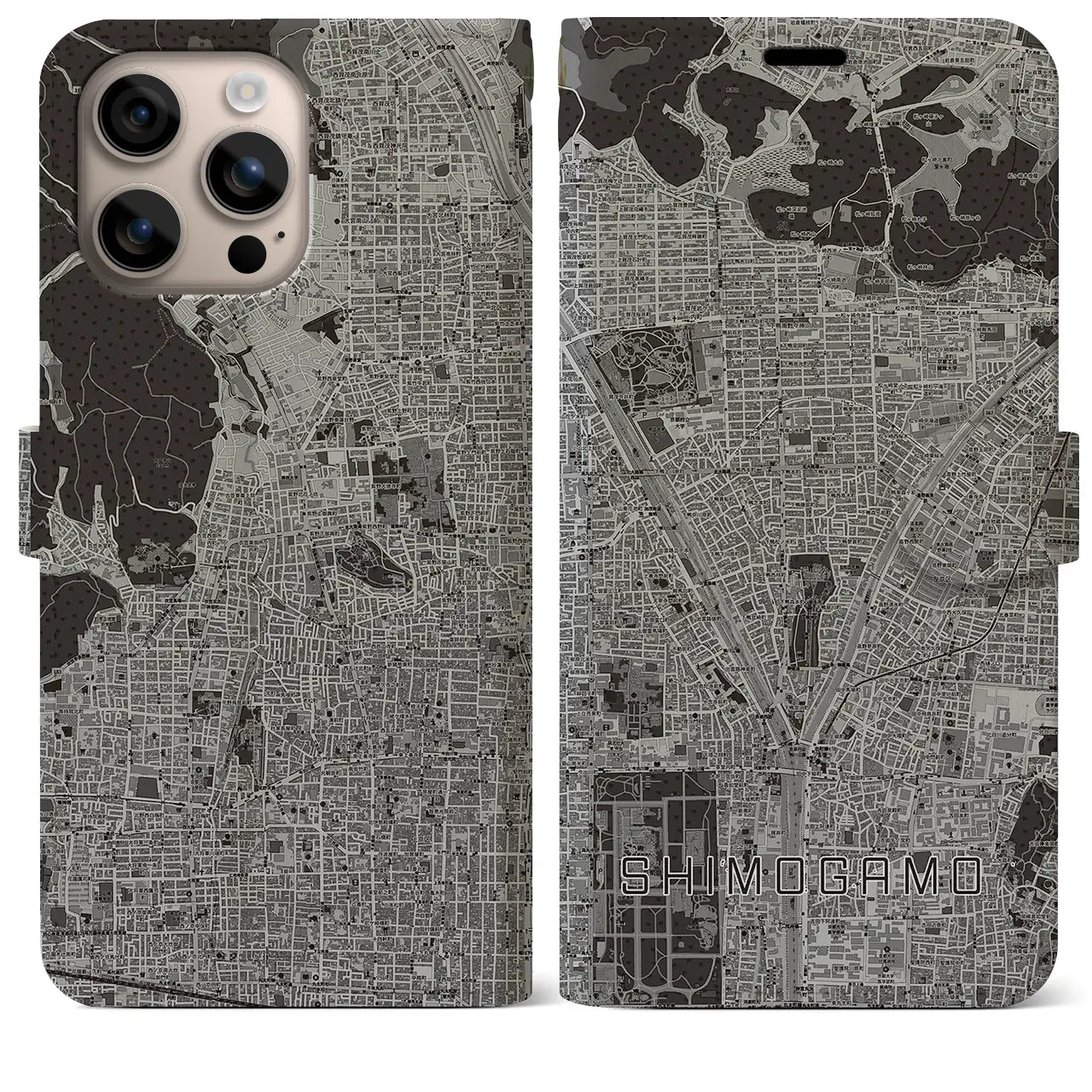 【下鴨(京都府)】地図柄iPhoneケース(手帳タイプ)モノトーン・iPhone 16 Plus 用