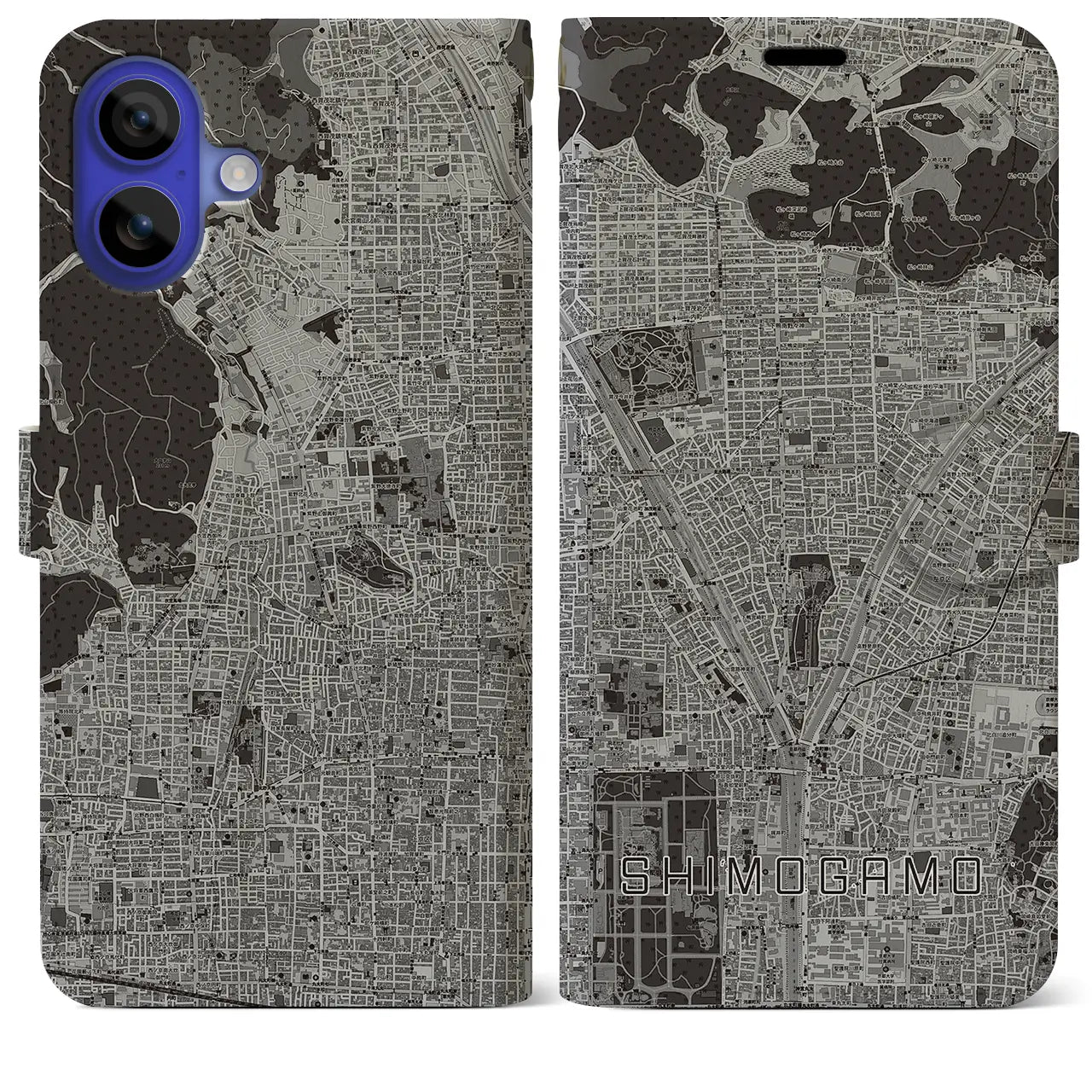 【下鴨(京都府)】地図柄iPhoneケース(手帳タイプ)モノトーン・iPhone 16 Pro Max 用