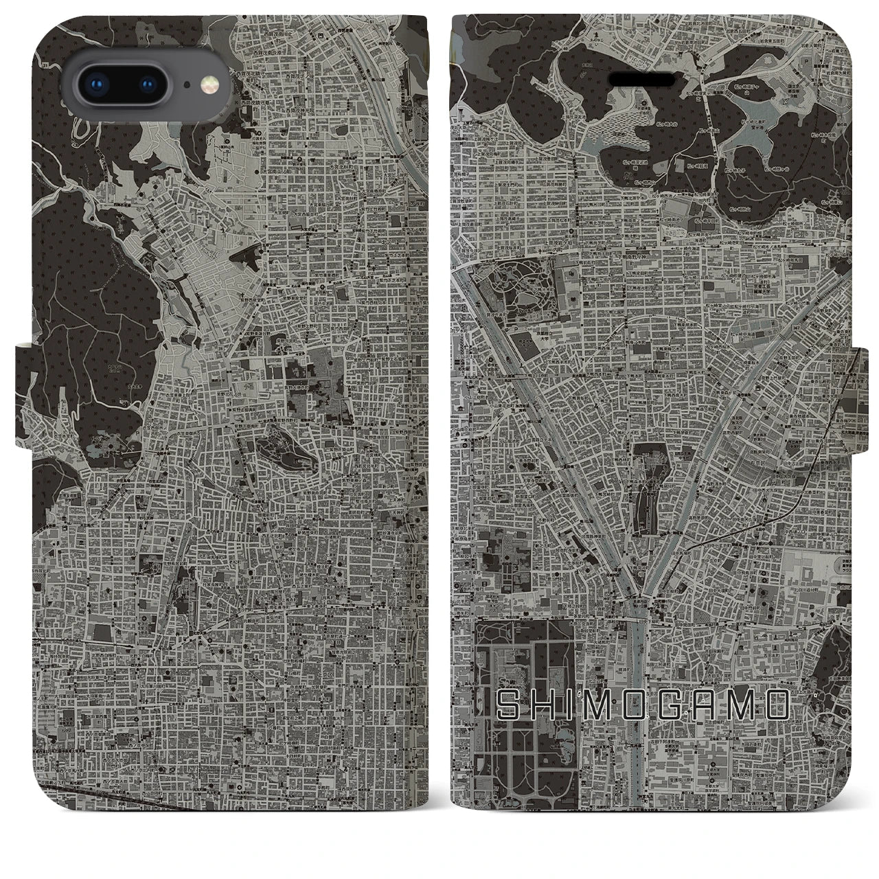 【下鴨(京都府)】地図柄iPhoneケース(手帳タイプ)モノトーン・iPhone 8Plus /7Plus / 6sPlus / 6Plus 用