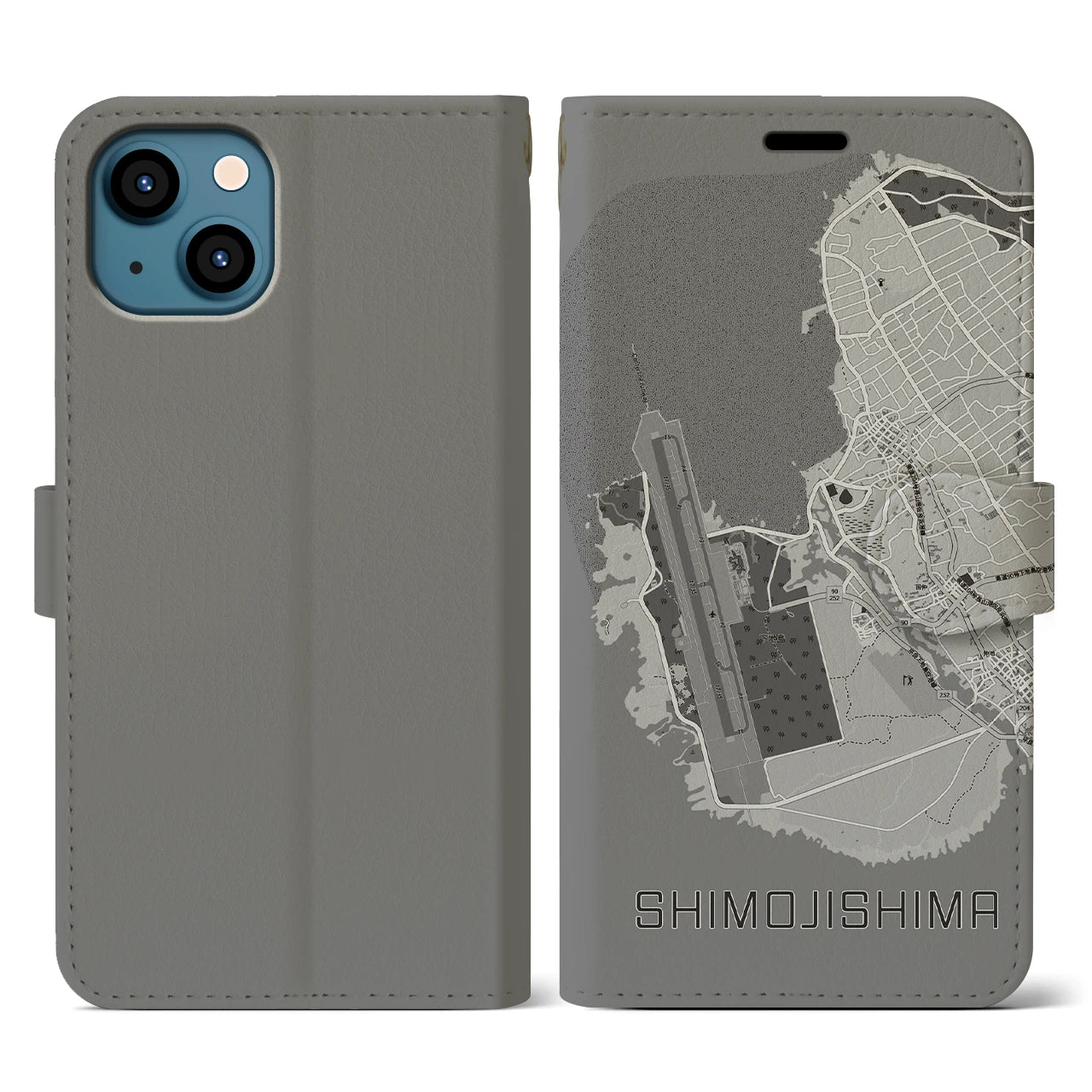 【下地島(沖縄県)】地図柄iPhoneケース(手帳タイプ)モノトーン・iPhone 13 用
