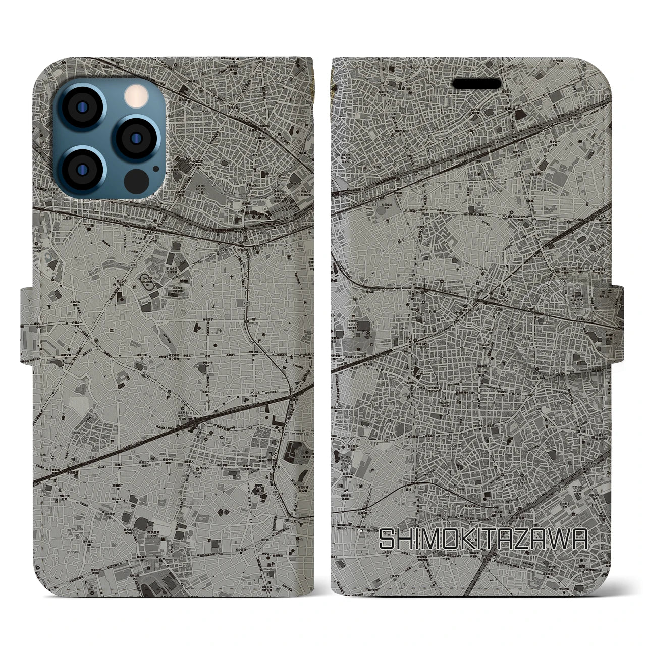 【下北沢(東京都)】地図柄iPhoneケース(手帳タイプ)モノトーン・iPhone 12 / 12 Pro 用