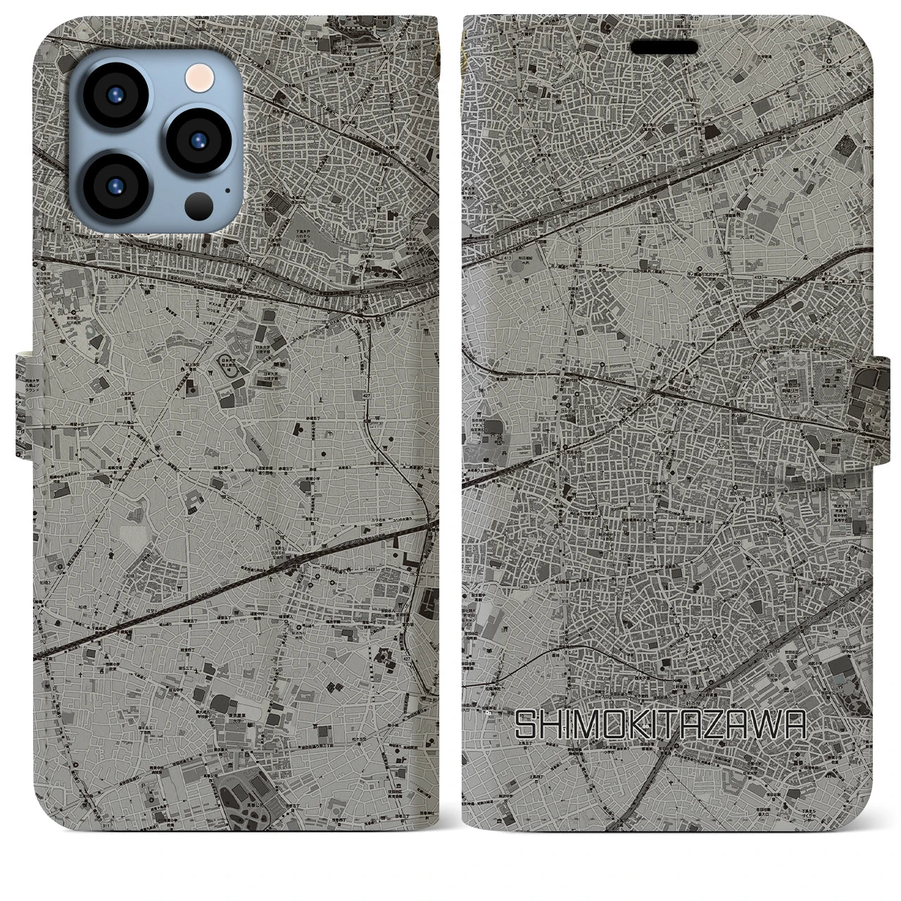 【下北沢(東京都)】地図柄iPhoneケース(手帳タイプ)モノトーン・iPhone 13 Pro Max 用