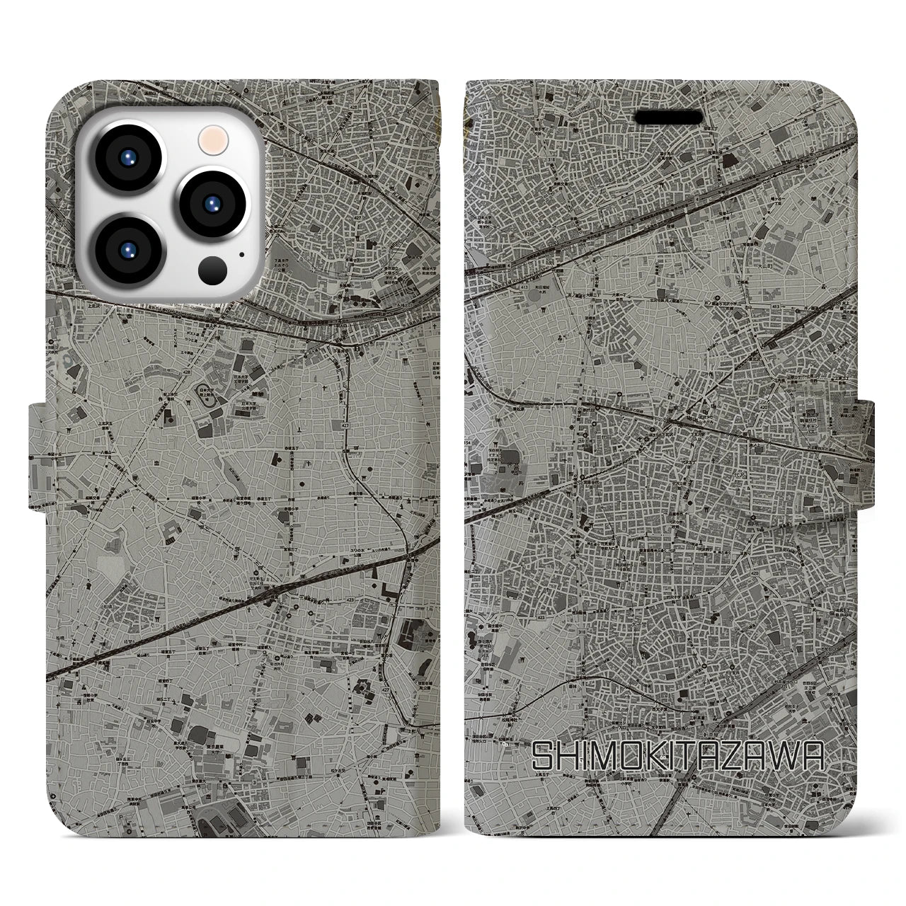【下北沢(東京都)】地図柄iPhoneケース(手帳タイプ)モノトーン・iPhone 13 Pro 用