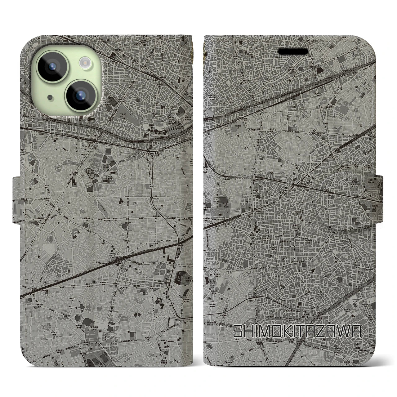 【下北沢(東京都)】地図柄iPhoneケース(手帳タイプ)モノトーン・iPhone 15 用