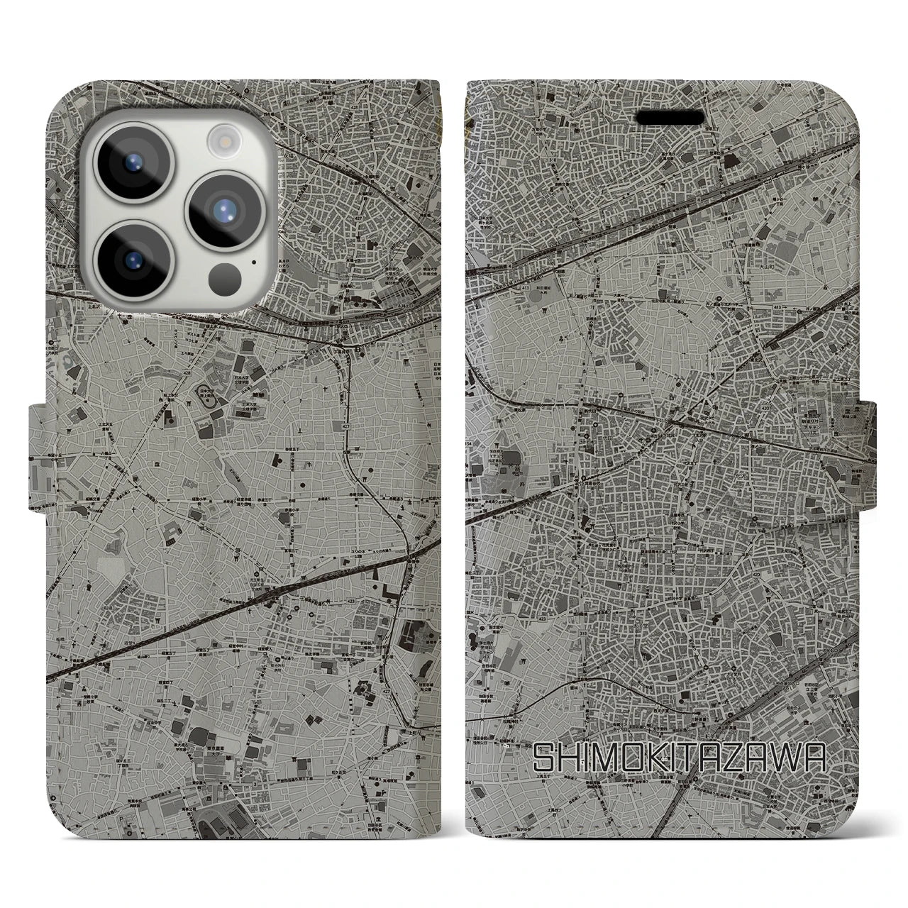【下北沢(東京都)】地図柄iPhoneケース(手帳タイプ)モノトーン・iPhone 15 Pro 用