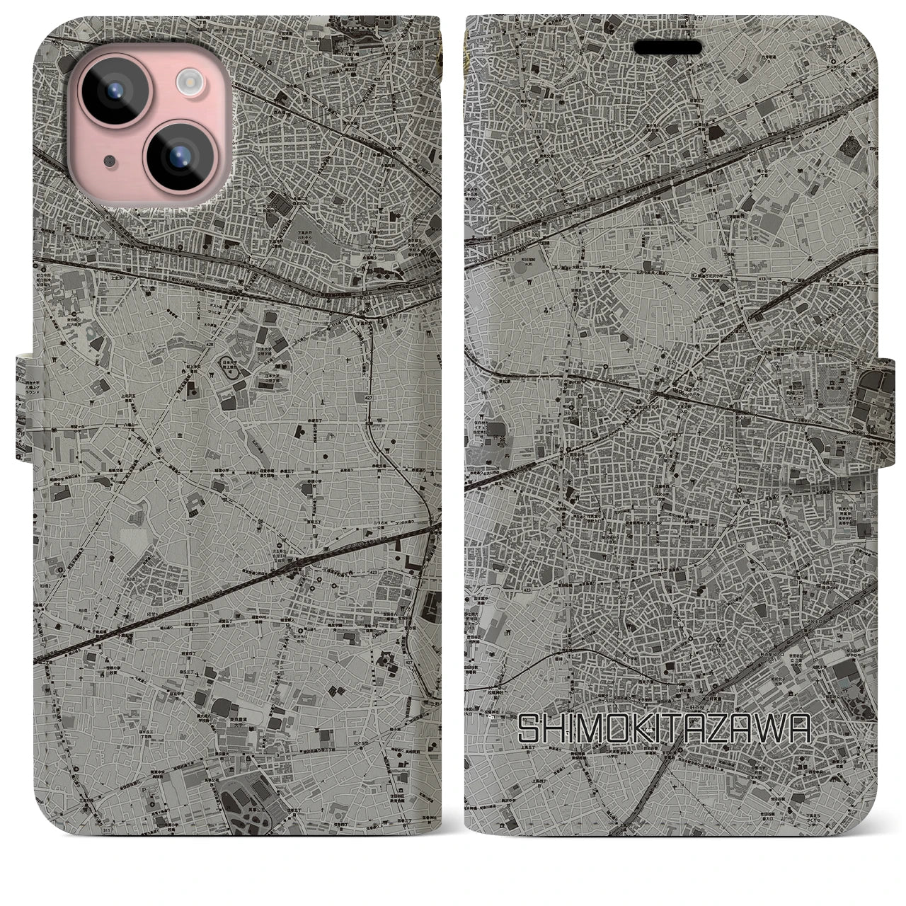 【下北沢(東京都)】地図柄iPhoneケース(手帳タイプ)モノトーン・iPhone 15 Plus 用