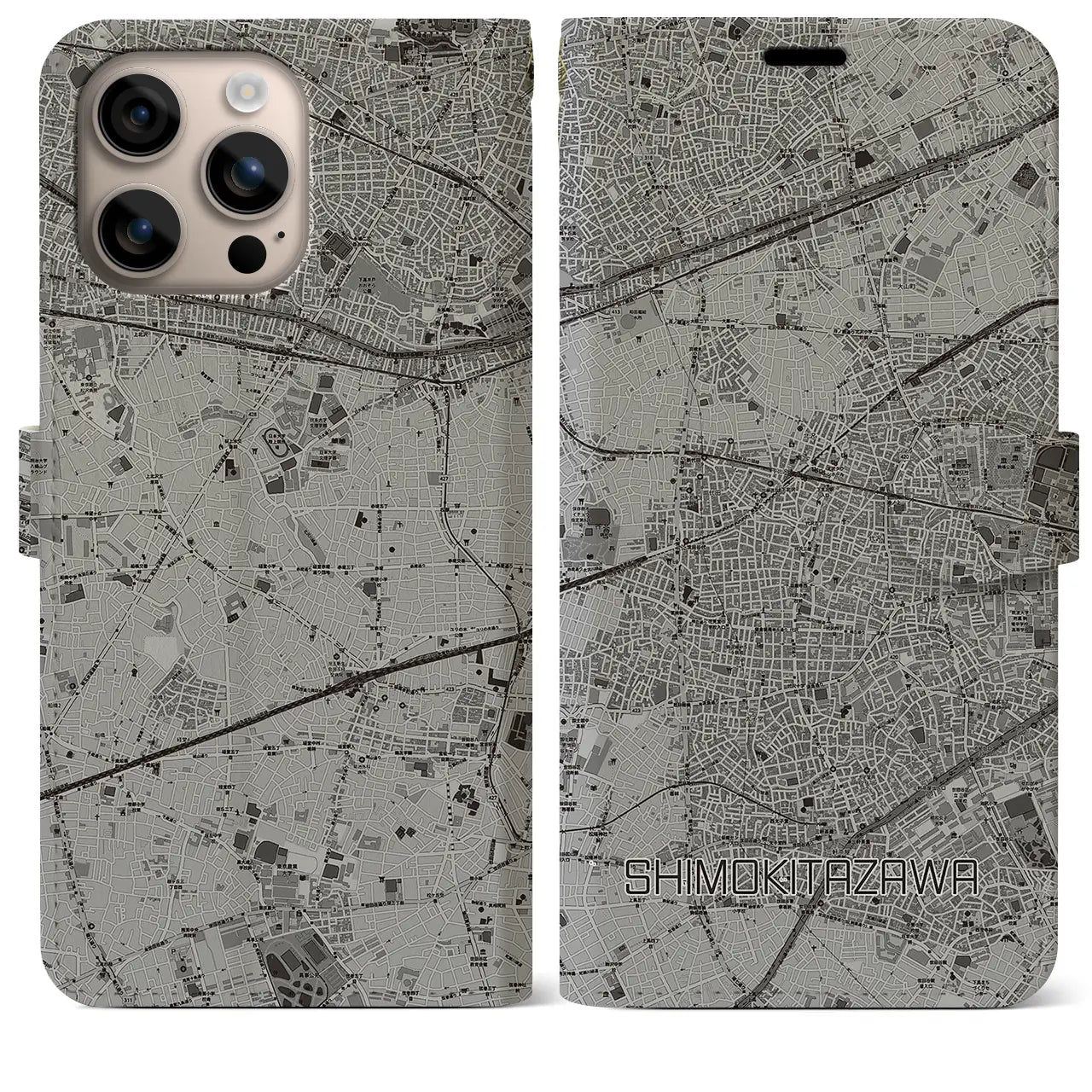 【下北沢(東京都)】地図柄iPhoneケース(手帳タイプ)モノトーン・iPhone 16 Plus 用