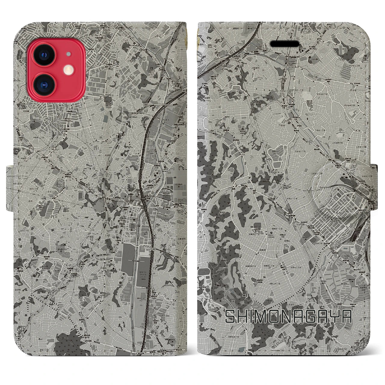 【下永谷(神奈川県)】地図柄iPhoneケース(手帳タイプ)モノトーン・iPhone 11 用