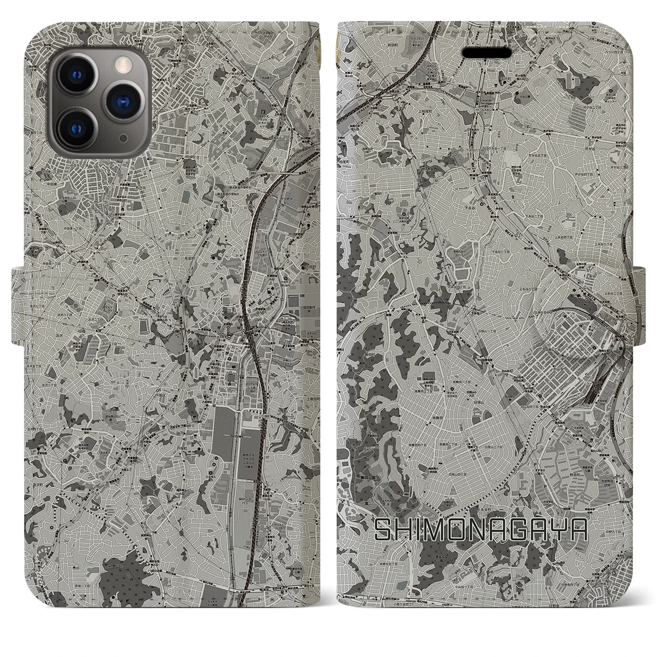 【下永谷(神奈川県)】地図柄iPhoneケース(手帳タイプ)モノトーン・iPhone 11 Pro Max 用