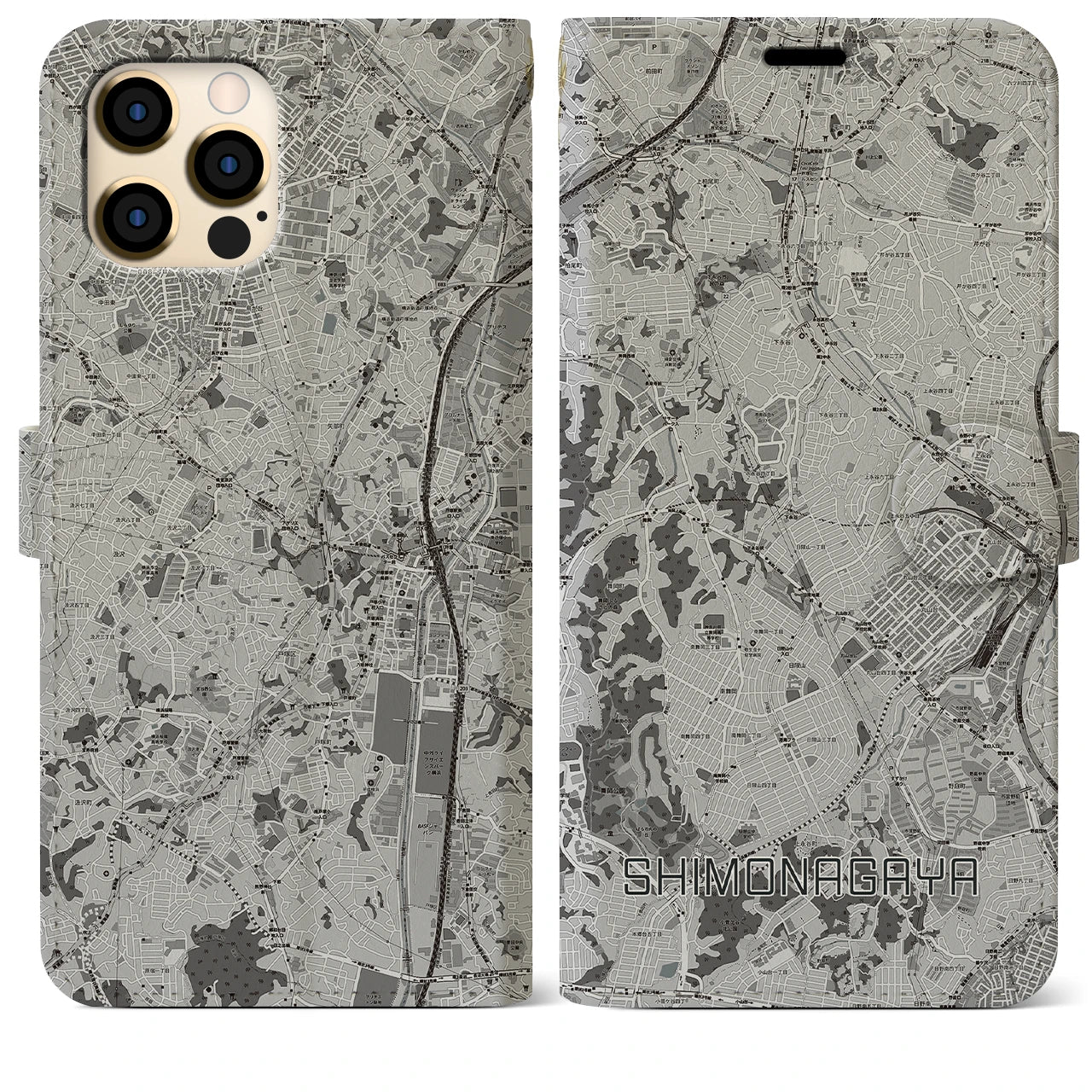 【下永谷(神奈川県)】地図柄iPhoneケース(手帳タイプ)モノトーン・iPhone 12 Pro Max 用