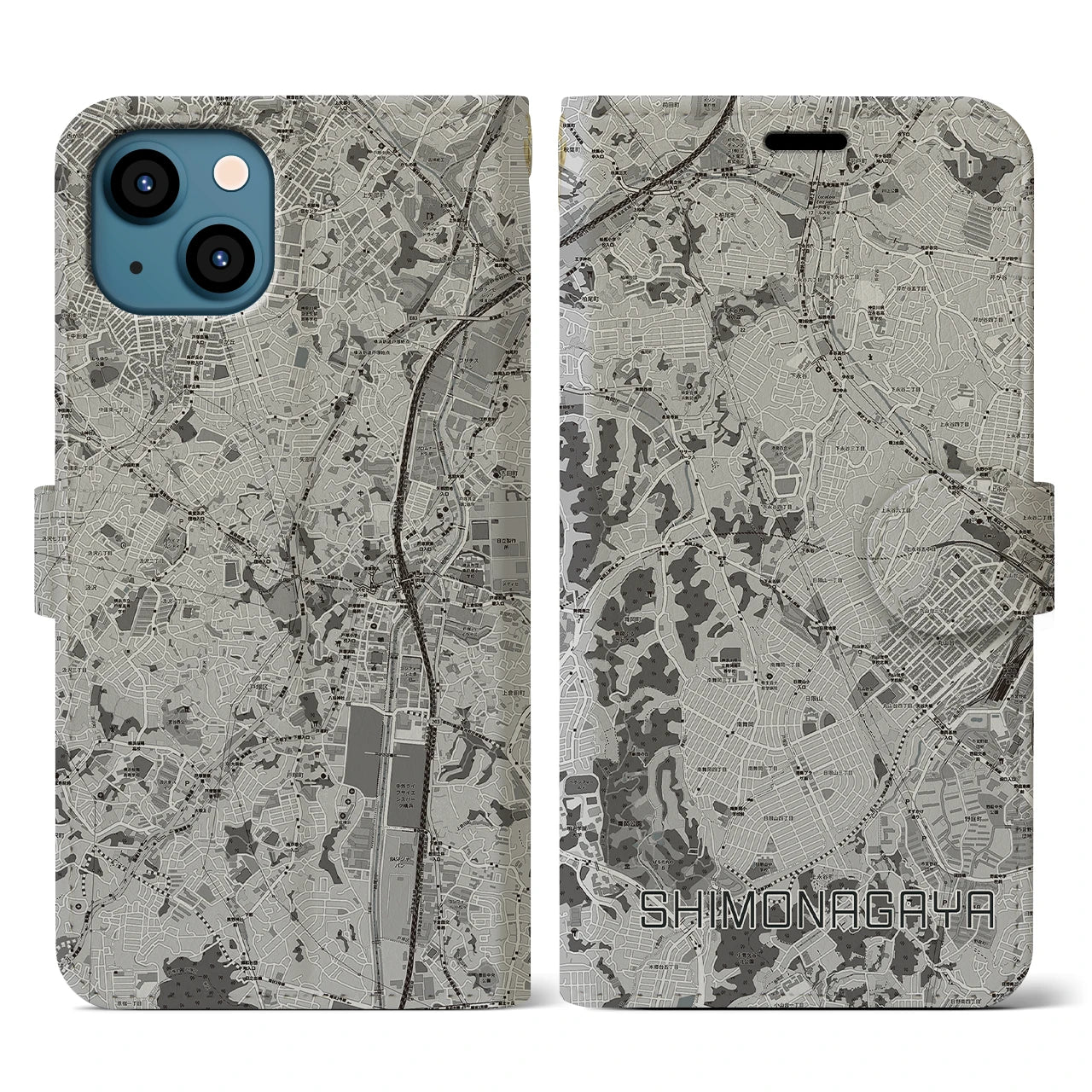 【下永谷(神奈川県)】地図柄iPhoneケース(手帳タイプ)モノトーン・iPhone 13 用