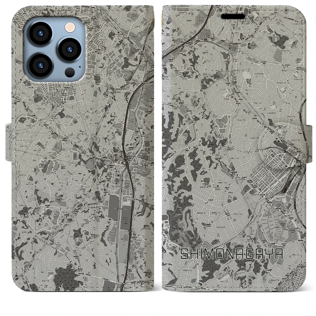 【下永谷(神奈川県)】地図柄iPhoneケース(手帳タイプ)モノトーン・iPhone 13 Pro Max 用