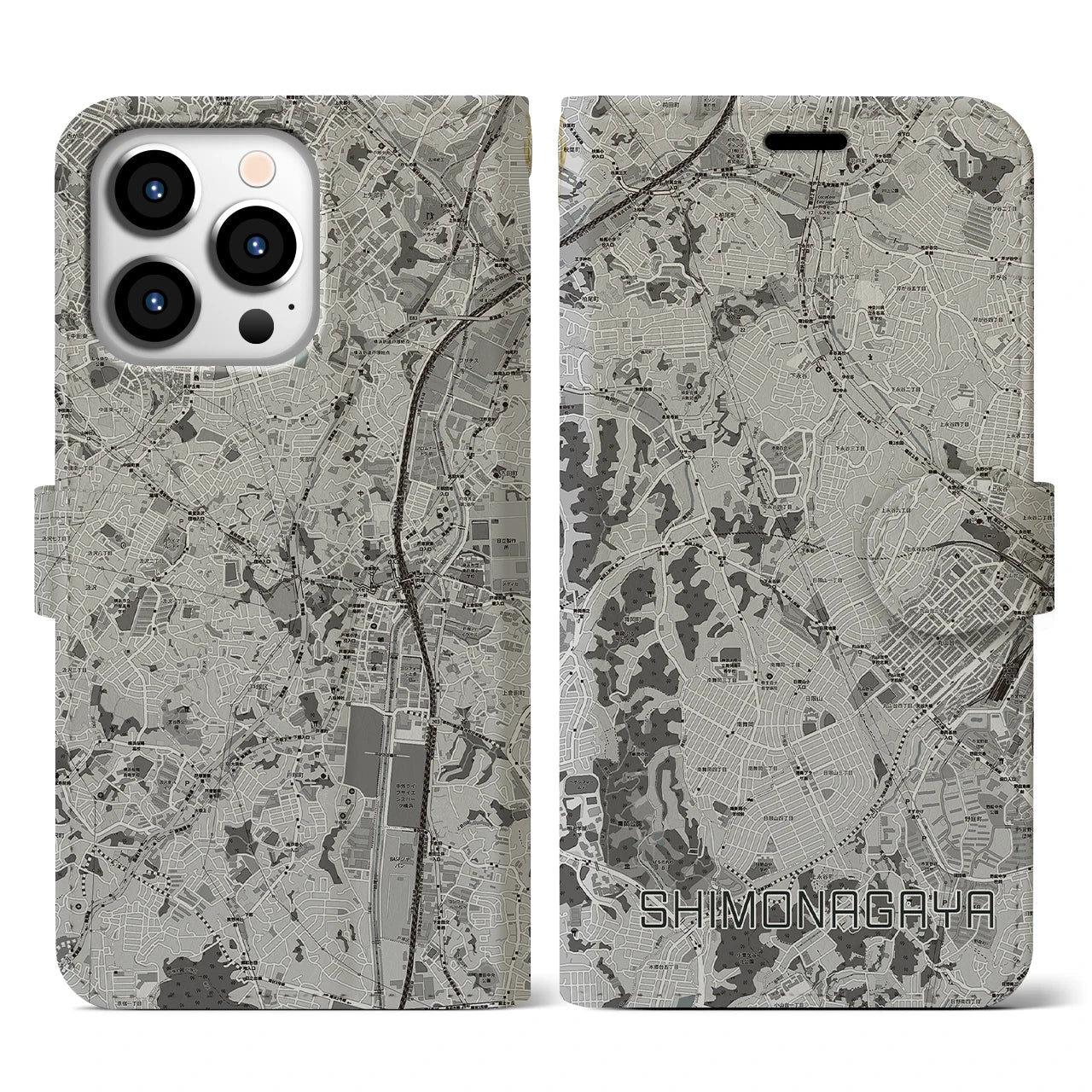 【下永谷(神奈川県)】地図柄iPhoneケース(手帳タイプ)モノトーン・iPhone 13 Pro 用