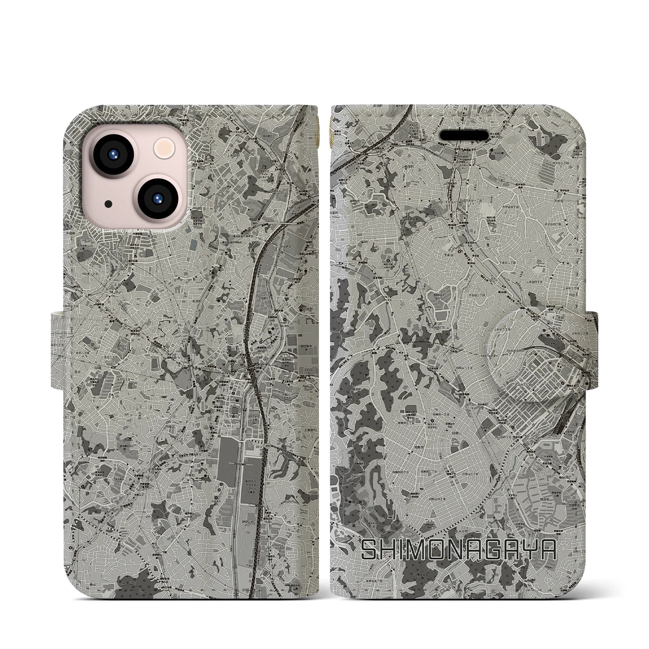 【下永谷(神奈川県)】地図柄iPhoneケース(手帳タイプ)モノトーン・iPhone 13 mini 用