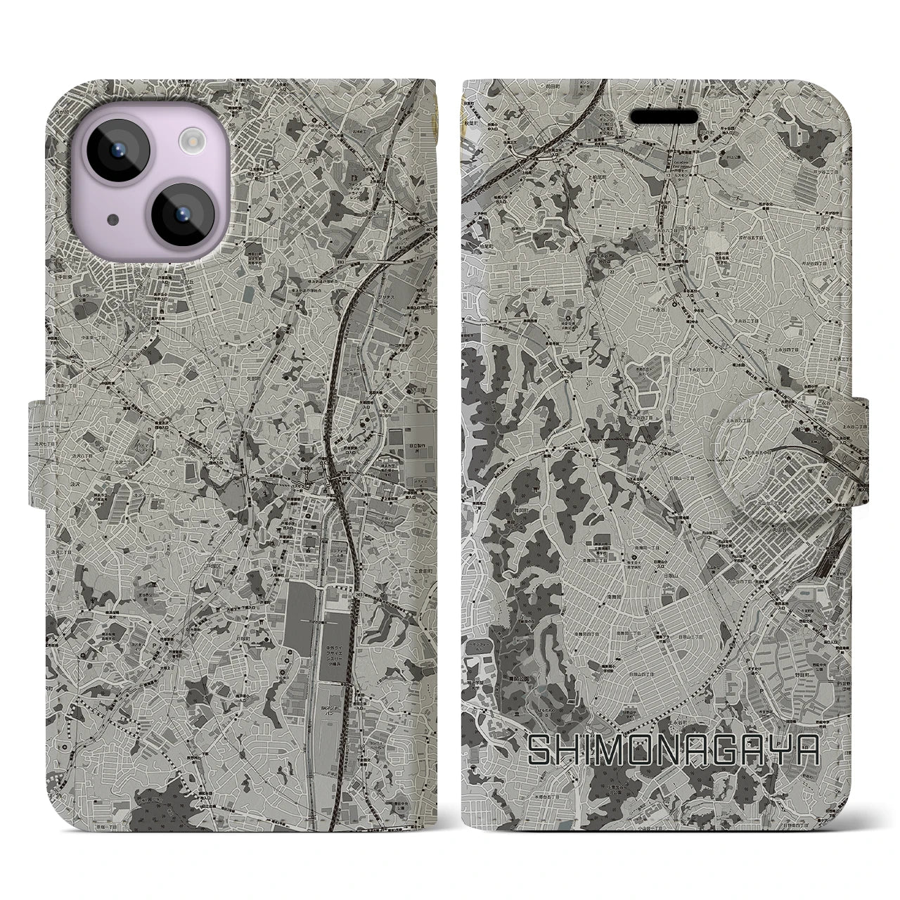 【下永谷(神奈川県)】地図柄iPhoneケース(手帳タイプ)モノトーン・iPhone 14 用