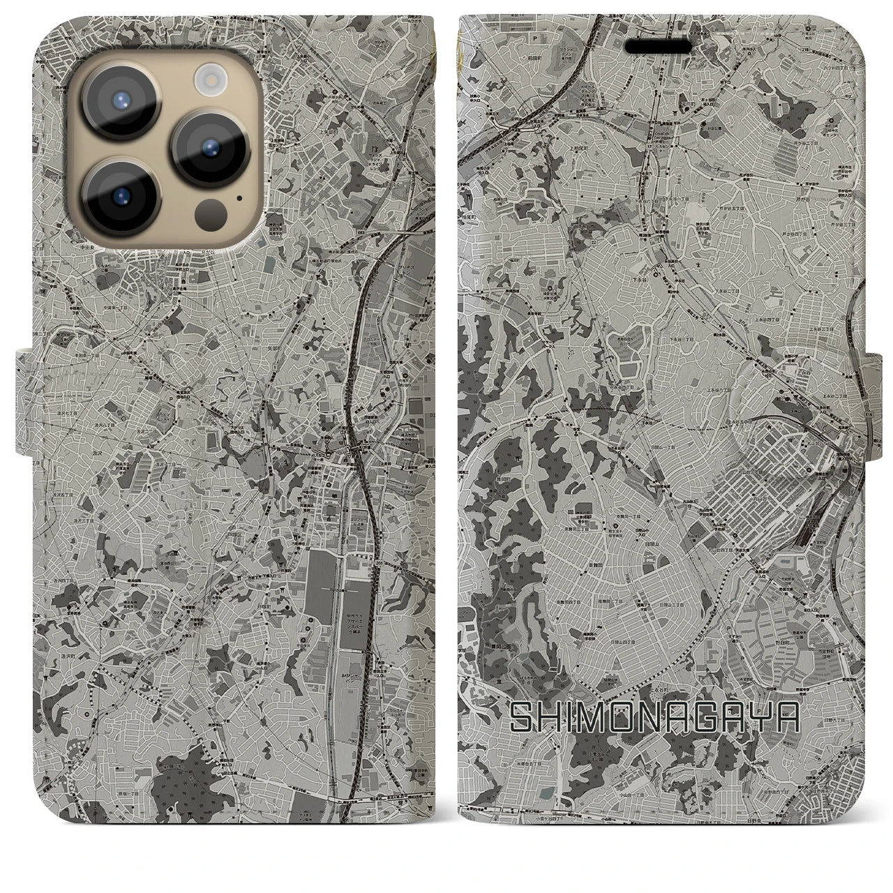 【下永谷(神奈川県)】地図柄iPhoneケース(手帳タイプ)モノトーン・iPhone 14 Pro Max 用