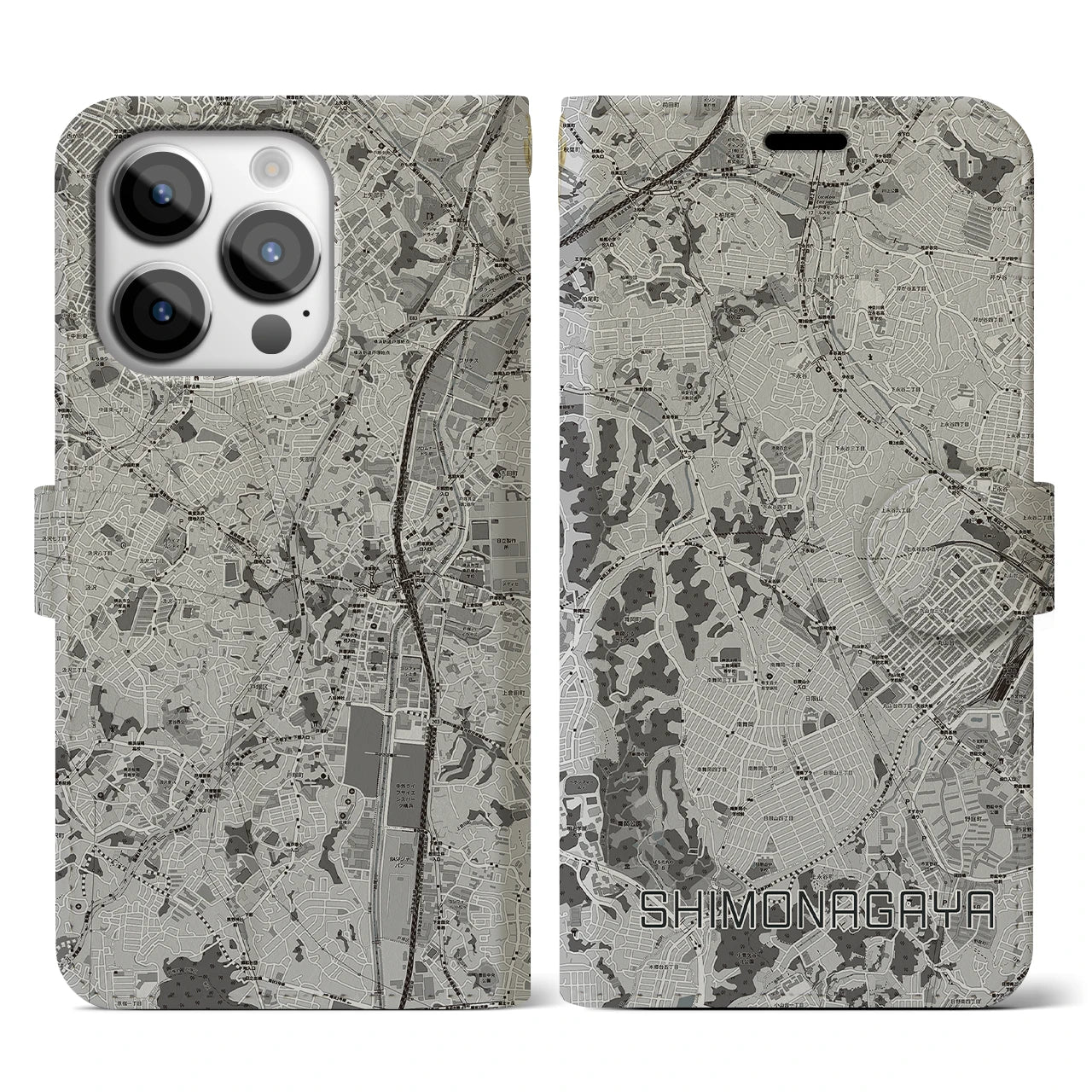 【下永谷(神奈川県)】地図柄iPhoneケース(手帳タイプ)モノトーン・iPhone 14 Pro 用