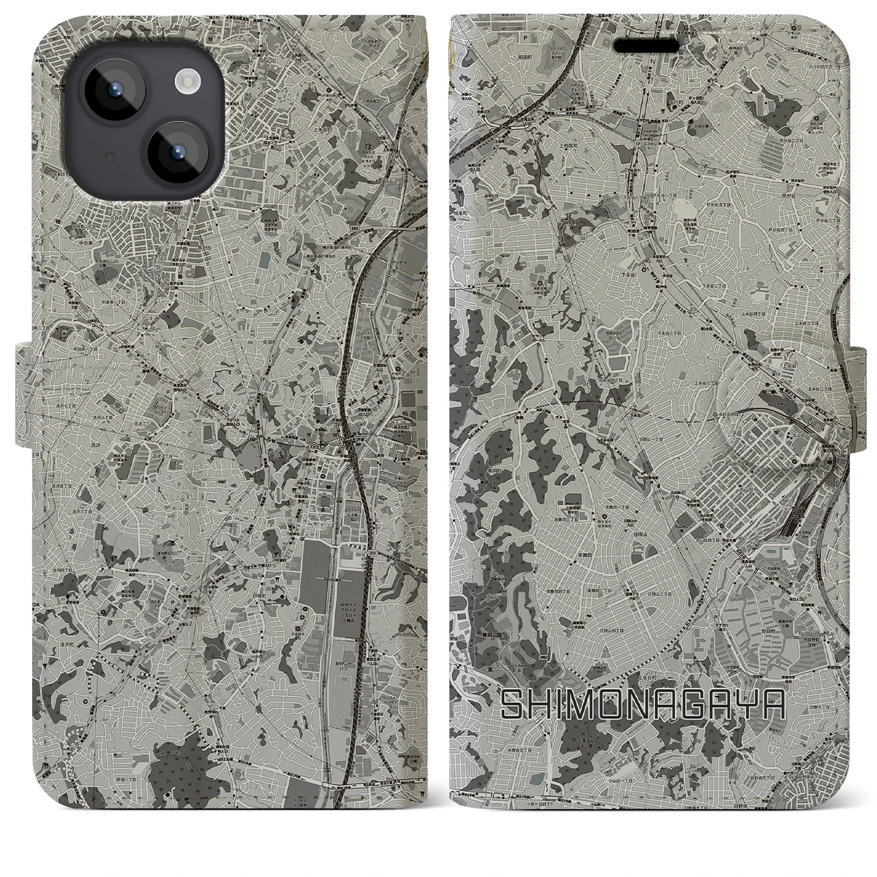 【下永谷(神奈川県)】地図柄iPhoneケース(手帳タイプ)モノトーン・iPhone 14 Plus 用