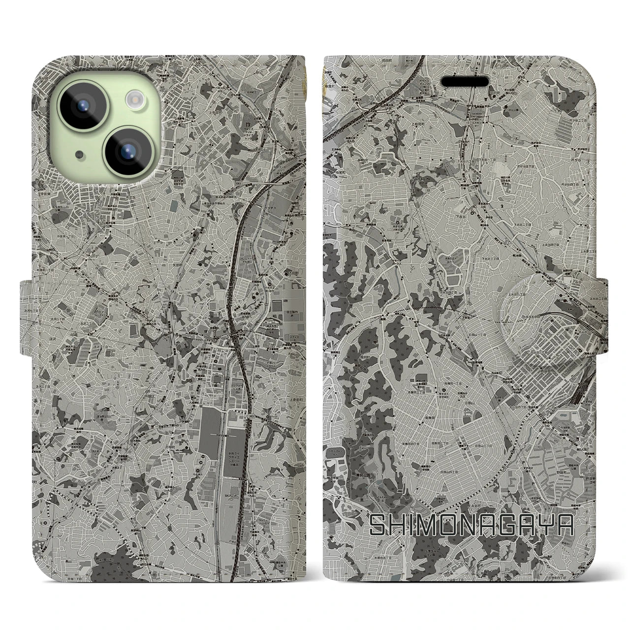 【下永谷(神奈川県)】地図柄iPhoneケース(手帳タイプ)モノトーン・iPhone 15 用