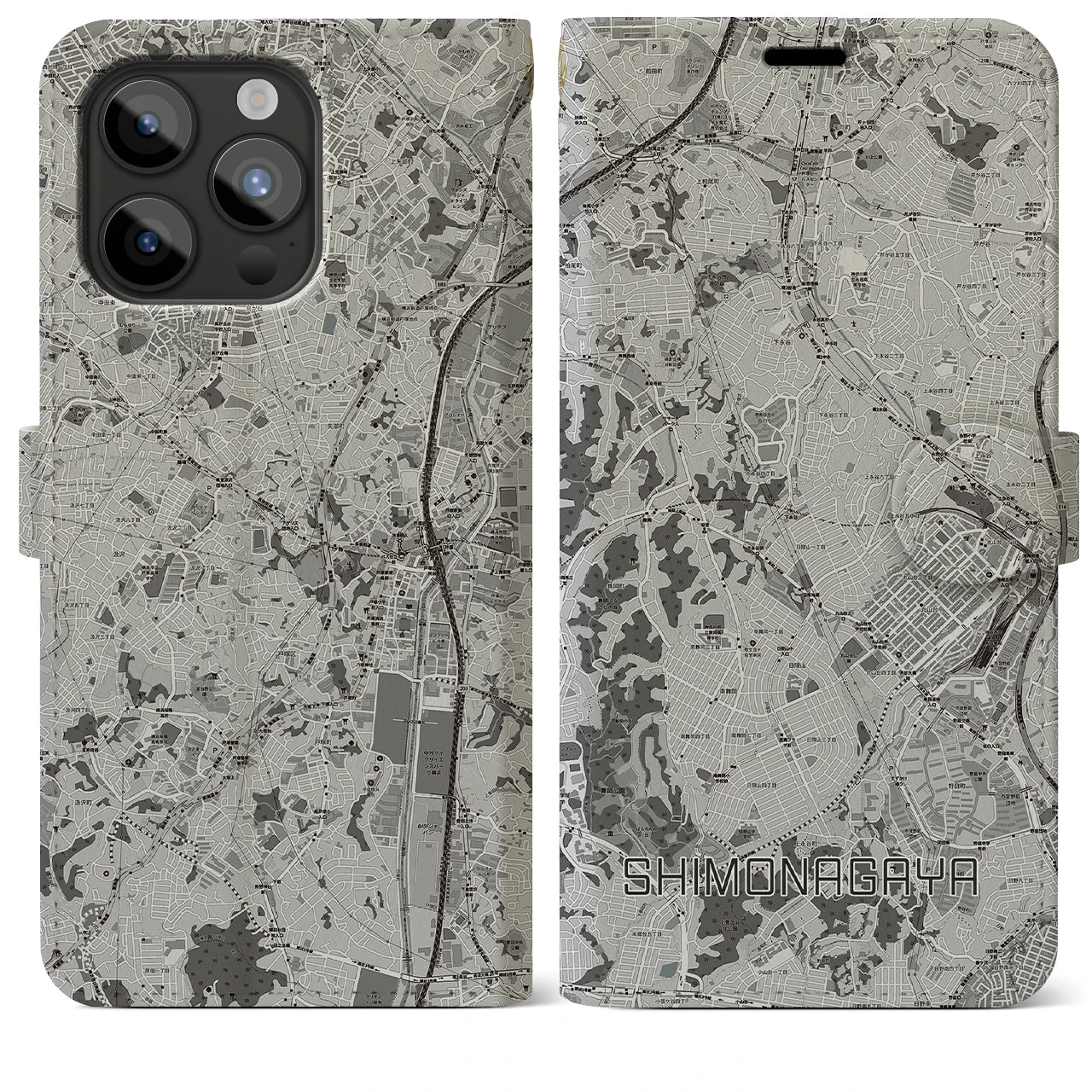 【下永谷(神奈川県)】地図柄iPhoneケース(手帳タイプ)モノトーン・iPhone 15 Pro Max 用
