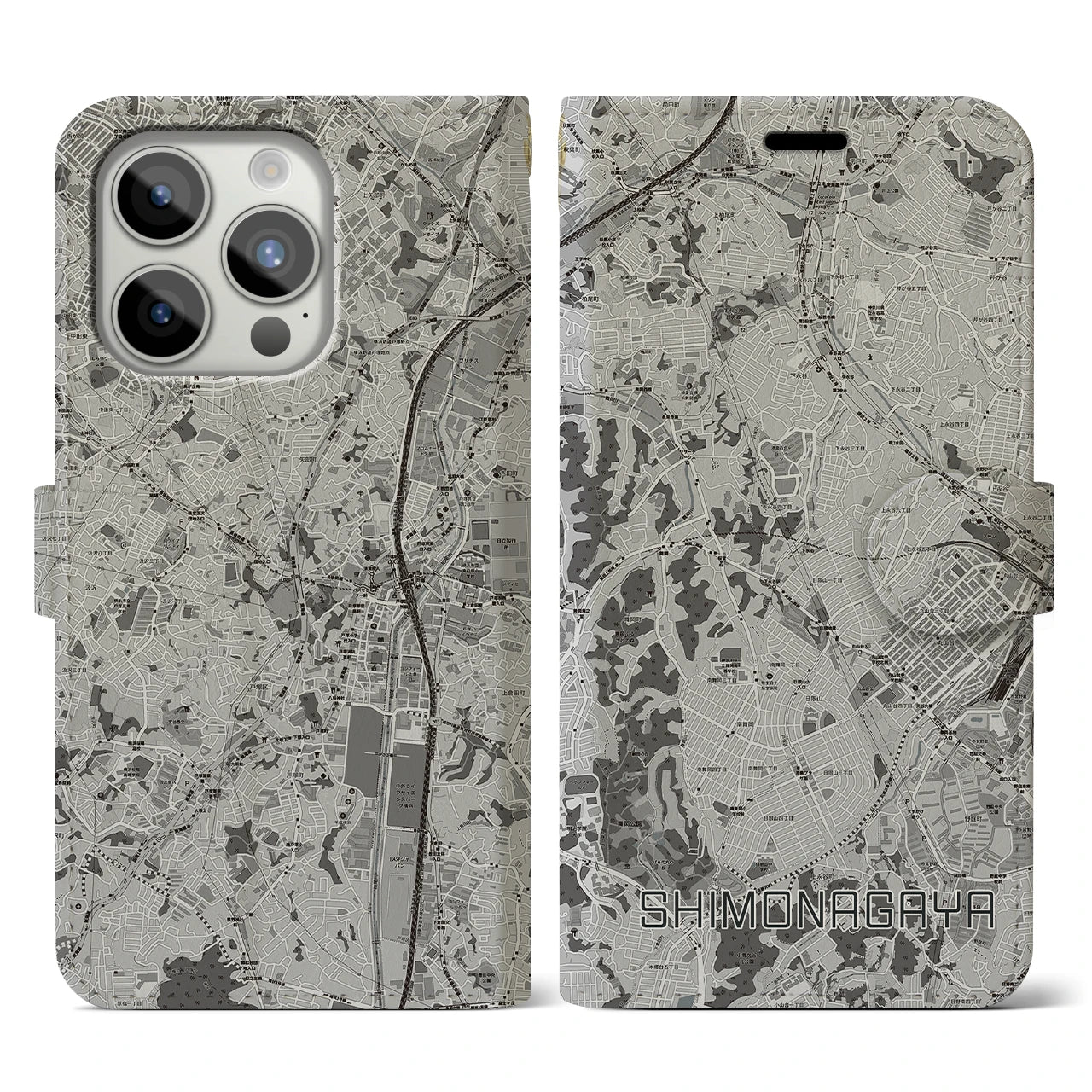 【下永谷(神奈川県)】地図柄iPhoneケース(手帳タイプ)モノトーン・iPhone 15 Pro 用
