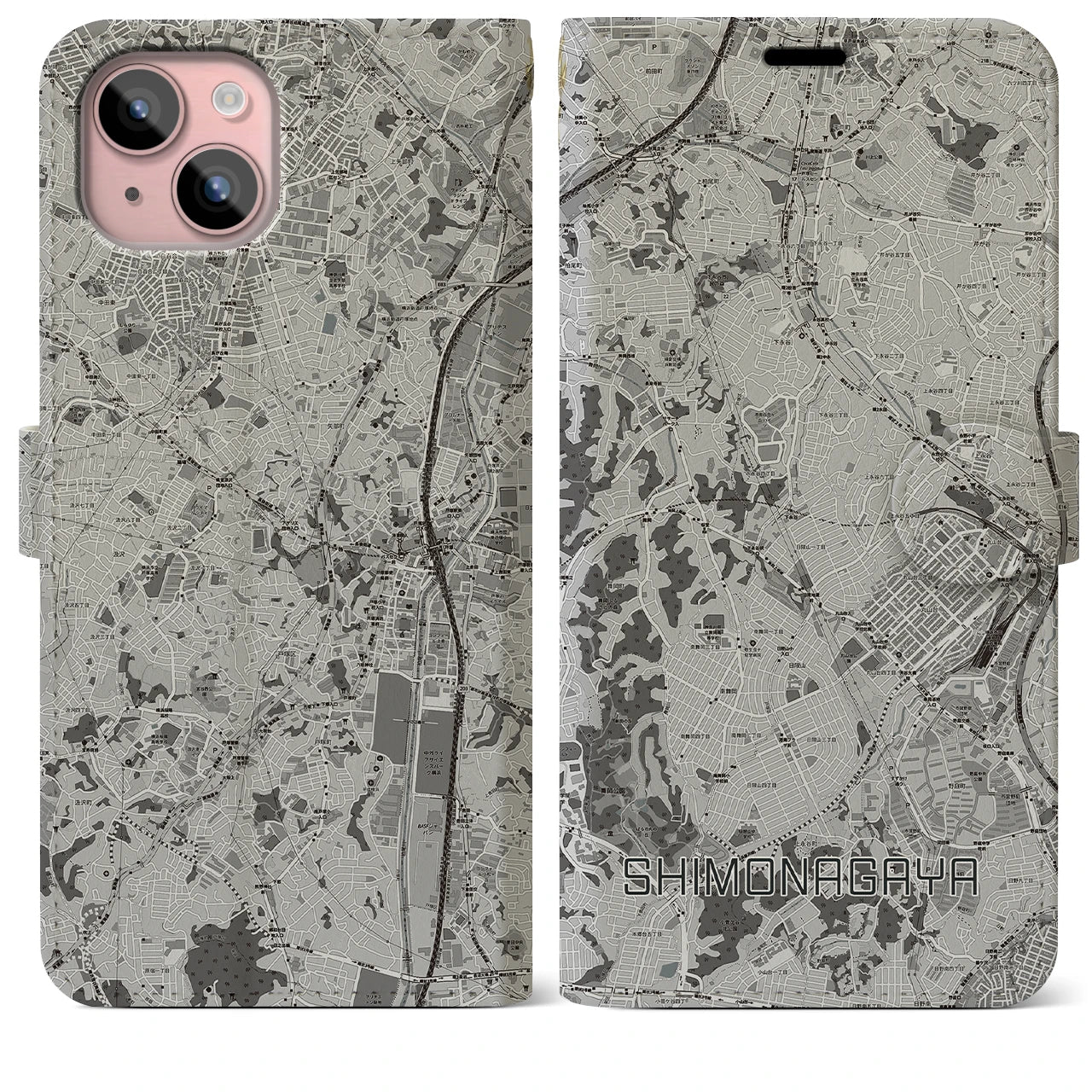 【下永谷(神奈川県)】地図柄iPhoneケース(手帳タイプ)モノトーン・iPhone 15 Plus 用