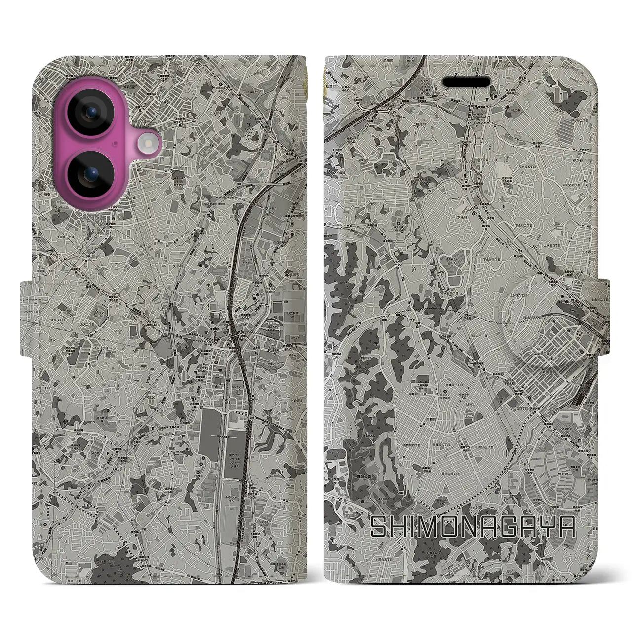 【下永谷(神奈川県)】地図柄iPhoneケース(手帳タイプ)モノトーン・iPhone 16 Pro 用